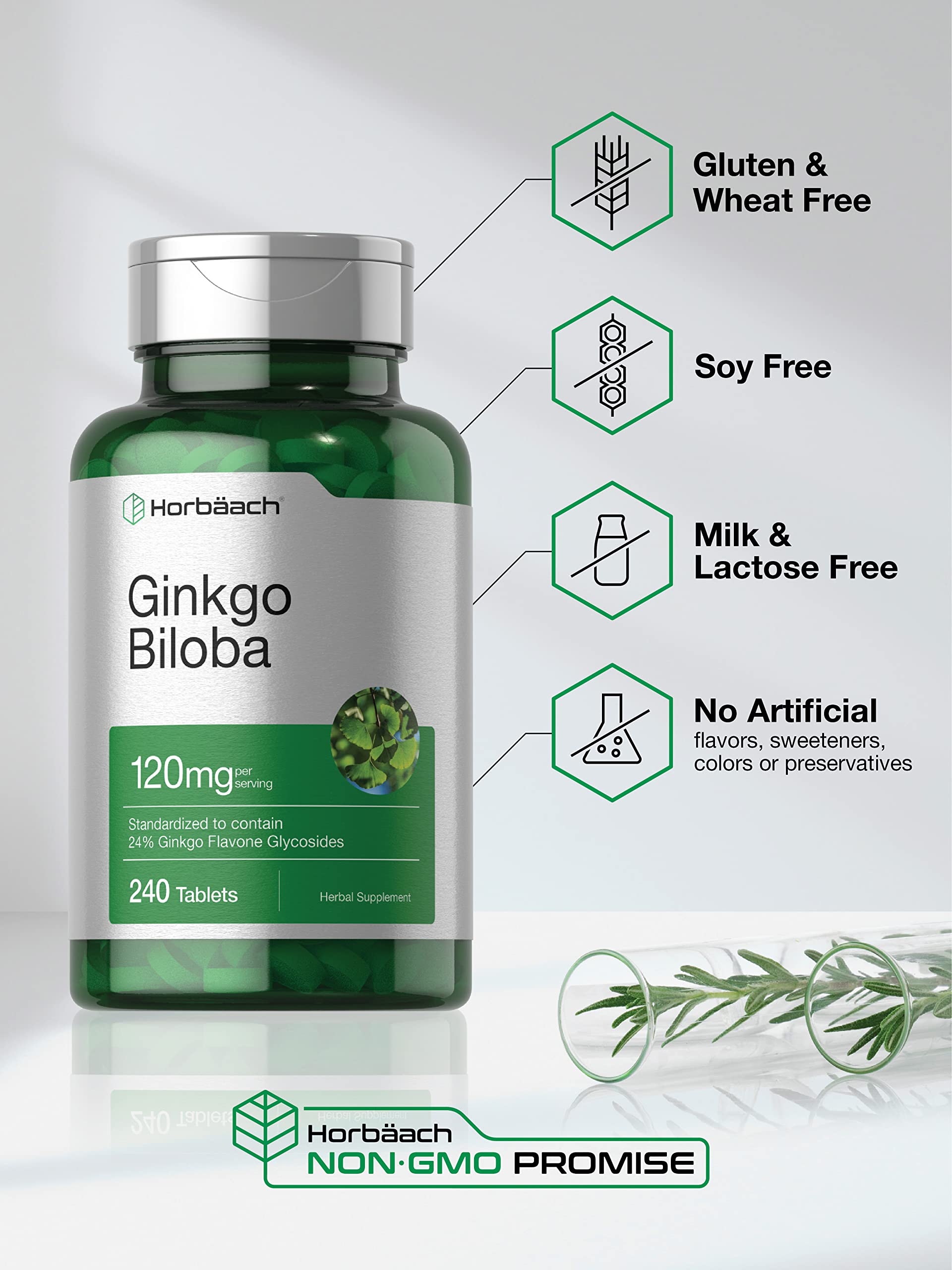 Horbaach Ginkgo Biloba, emballage indiquant produit végétarien et sans allergènes.