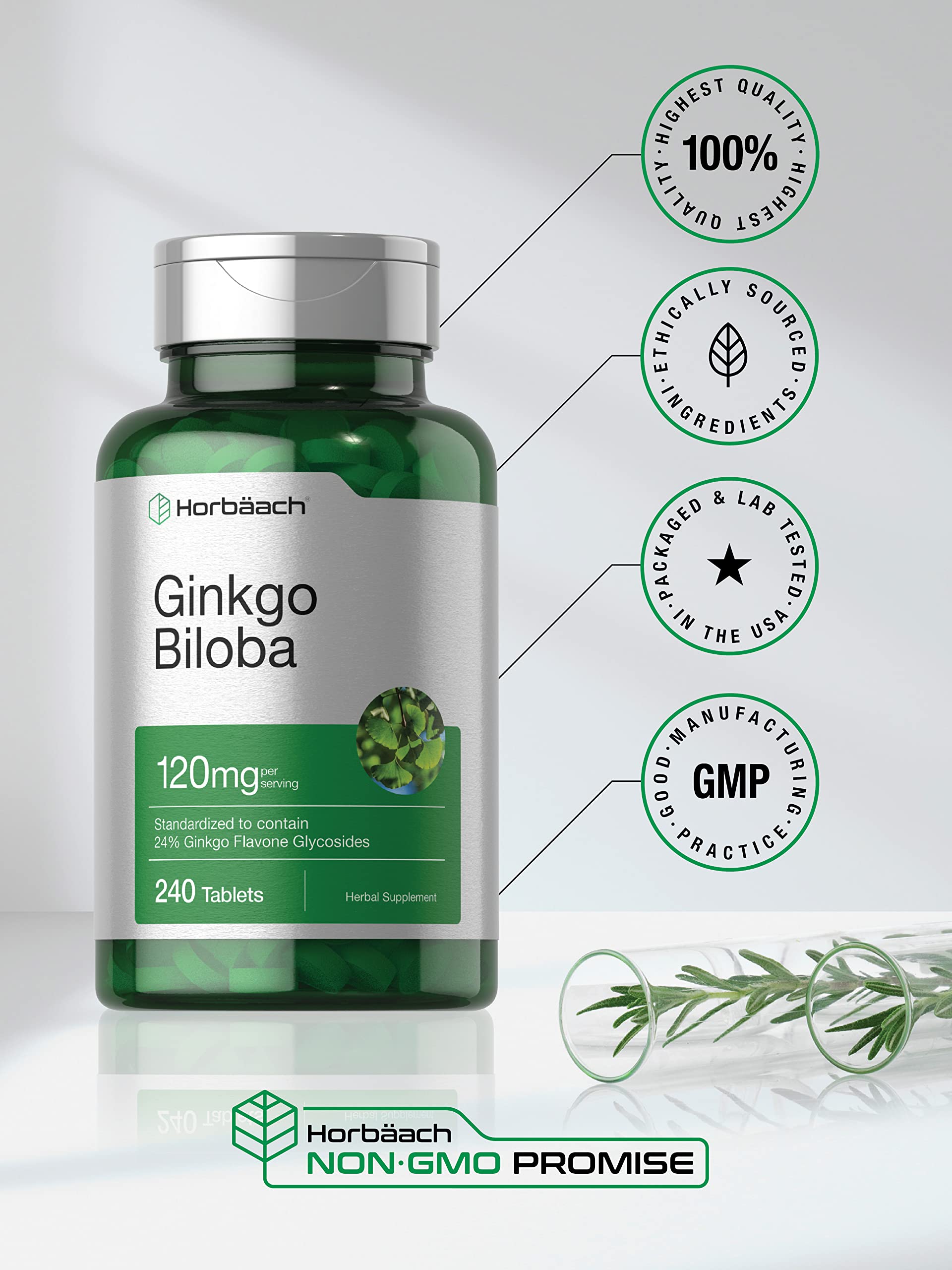 Horbaach Ginkgo Biloba, tableau nutrition détaillant 120 mg par portion.