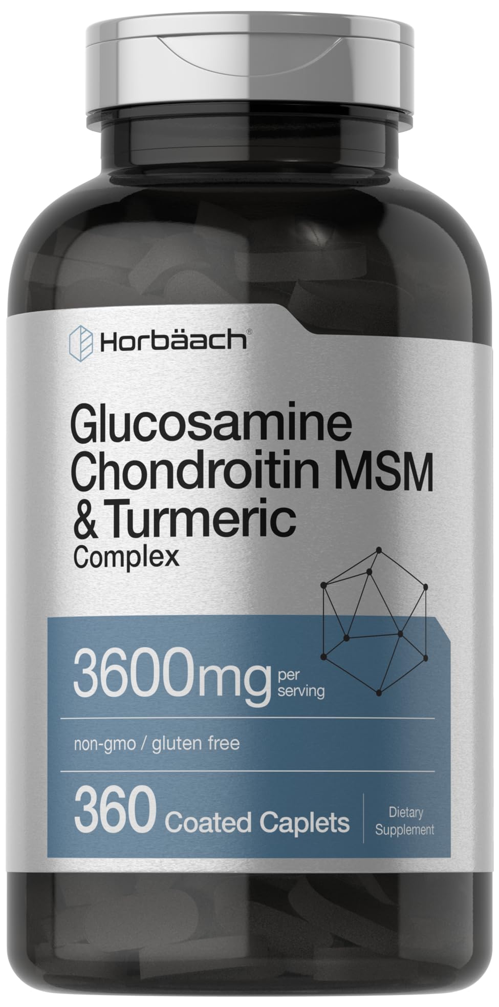 Vue bouteille Horbäach Glucosamine-Chondroitin MSM, 360 caplets, mobilité potentielle.