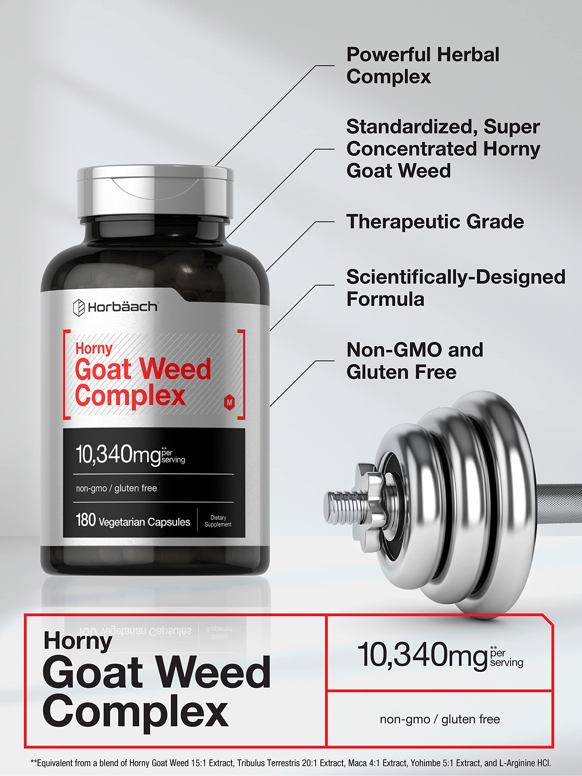 Horbaach Horny Goat Weed Complex – étiquette claire et informations clés sur l’emballage
