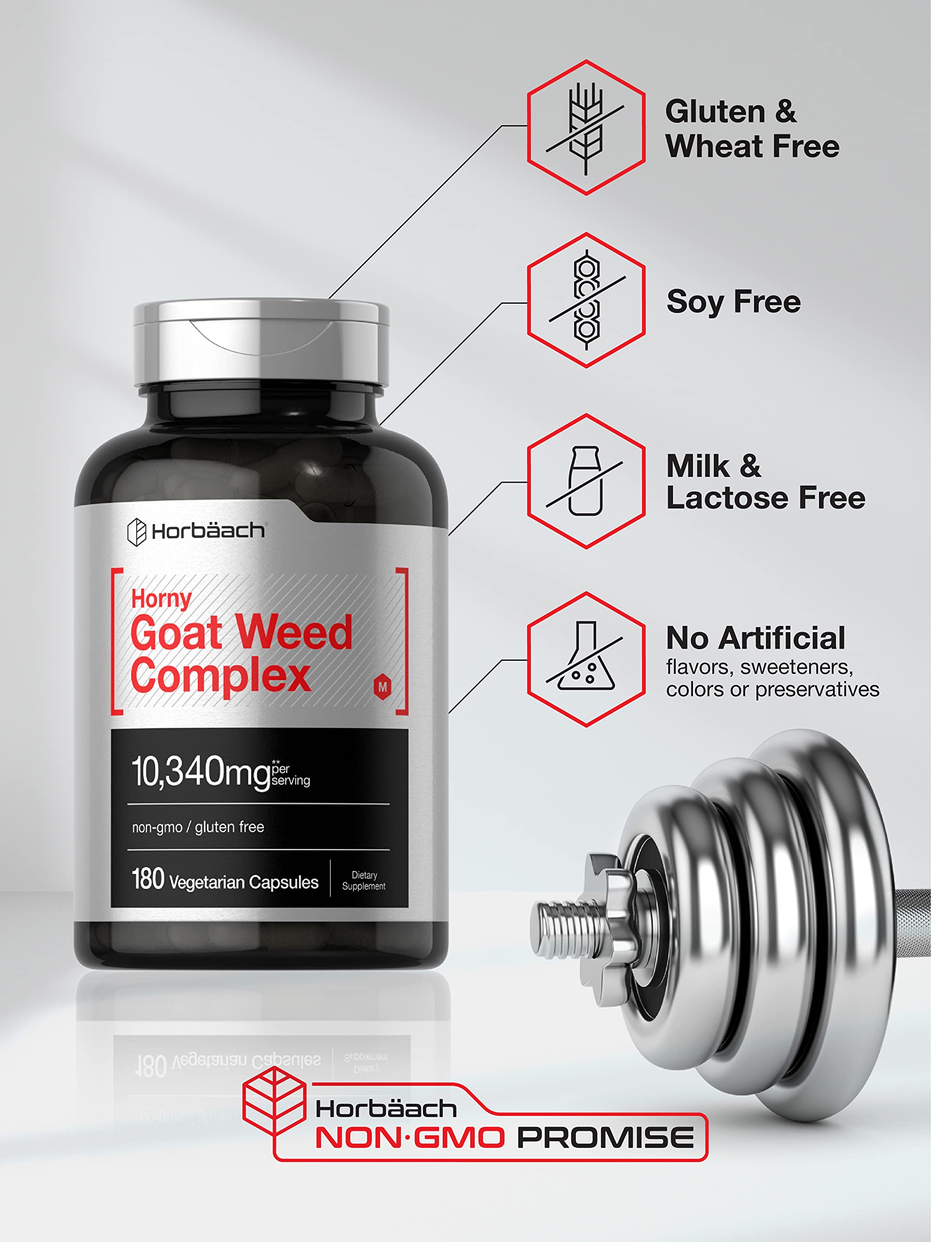 Horbaach Horny Goat Weed Complex – tableau des ingrédients exotiques et Tribulus Maca Yohimbe