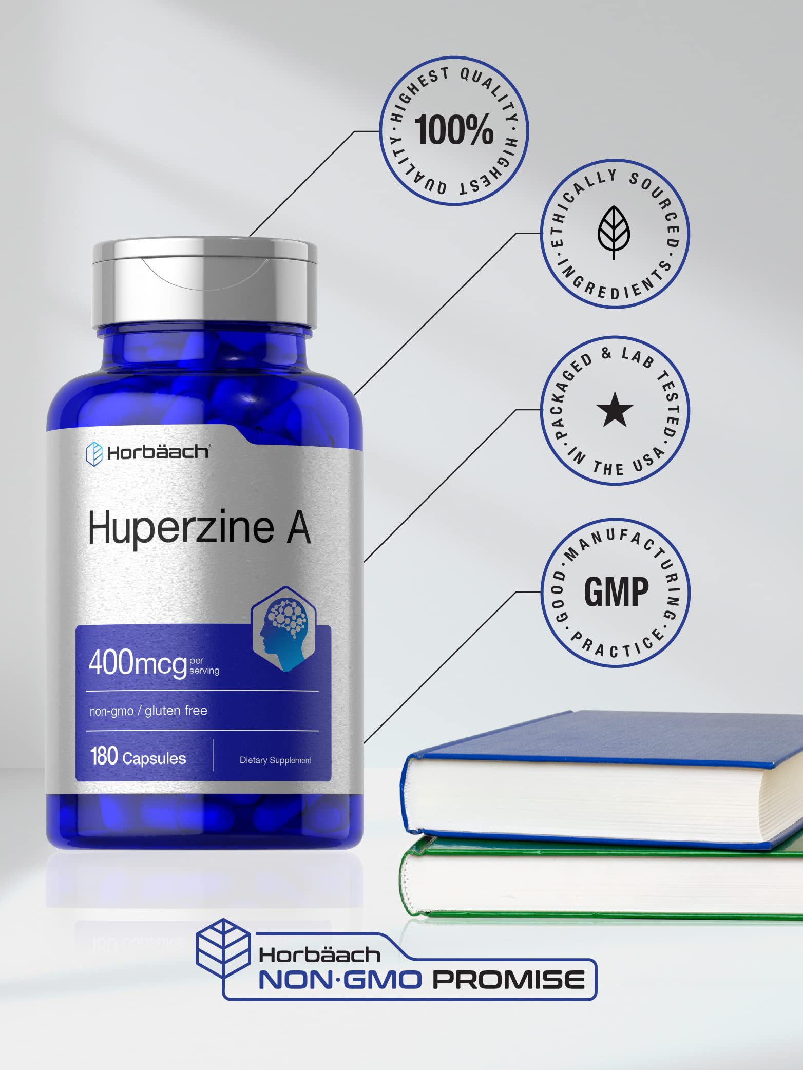 Étiquette sans gluten Horbäach Huperzine A 400mcg, produit sans allergènes.