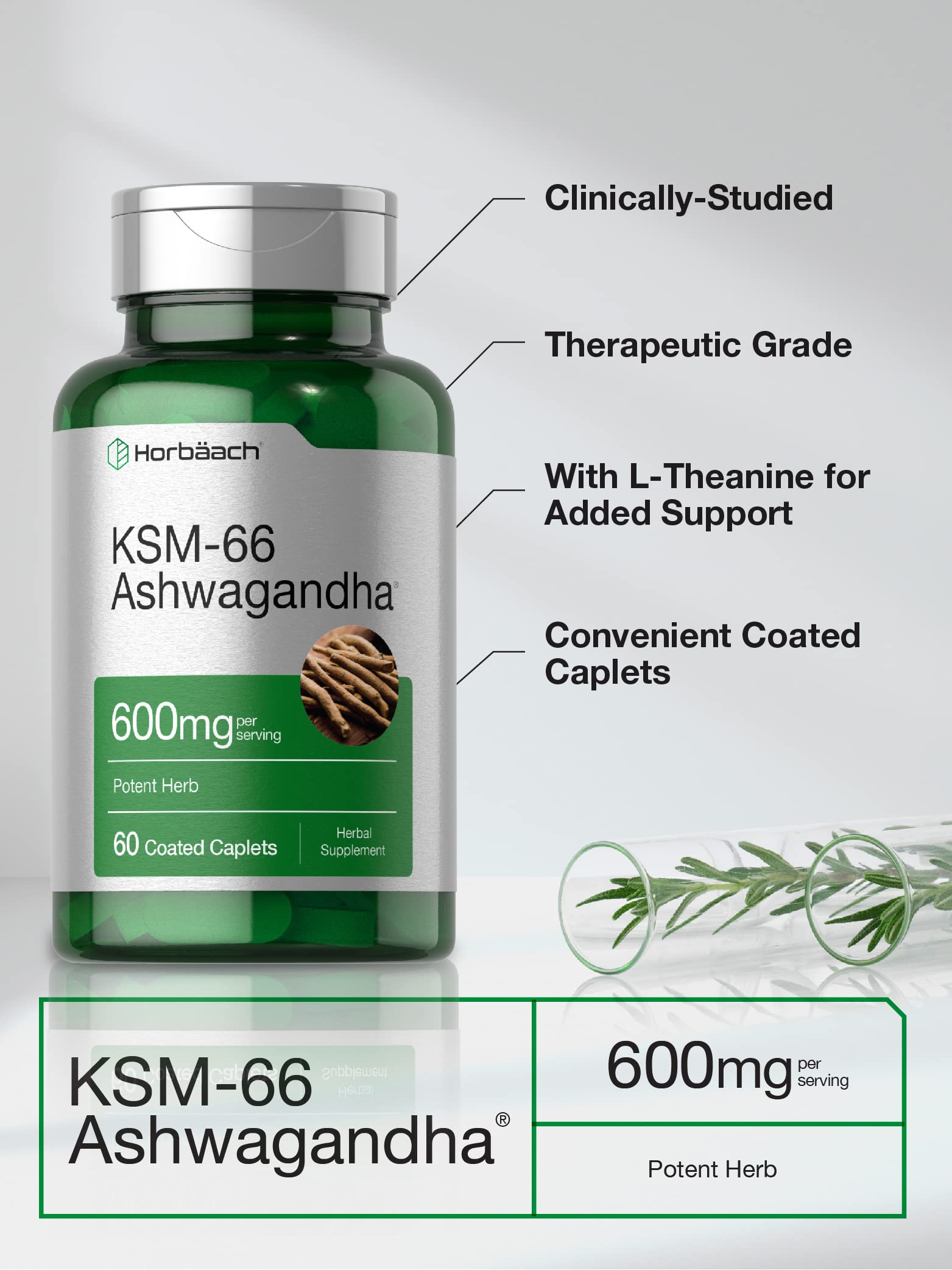 Horbäach KSM-66 Ashwagandha - étiquette sans gluten et sans allergènes.