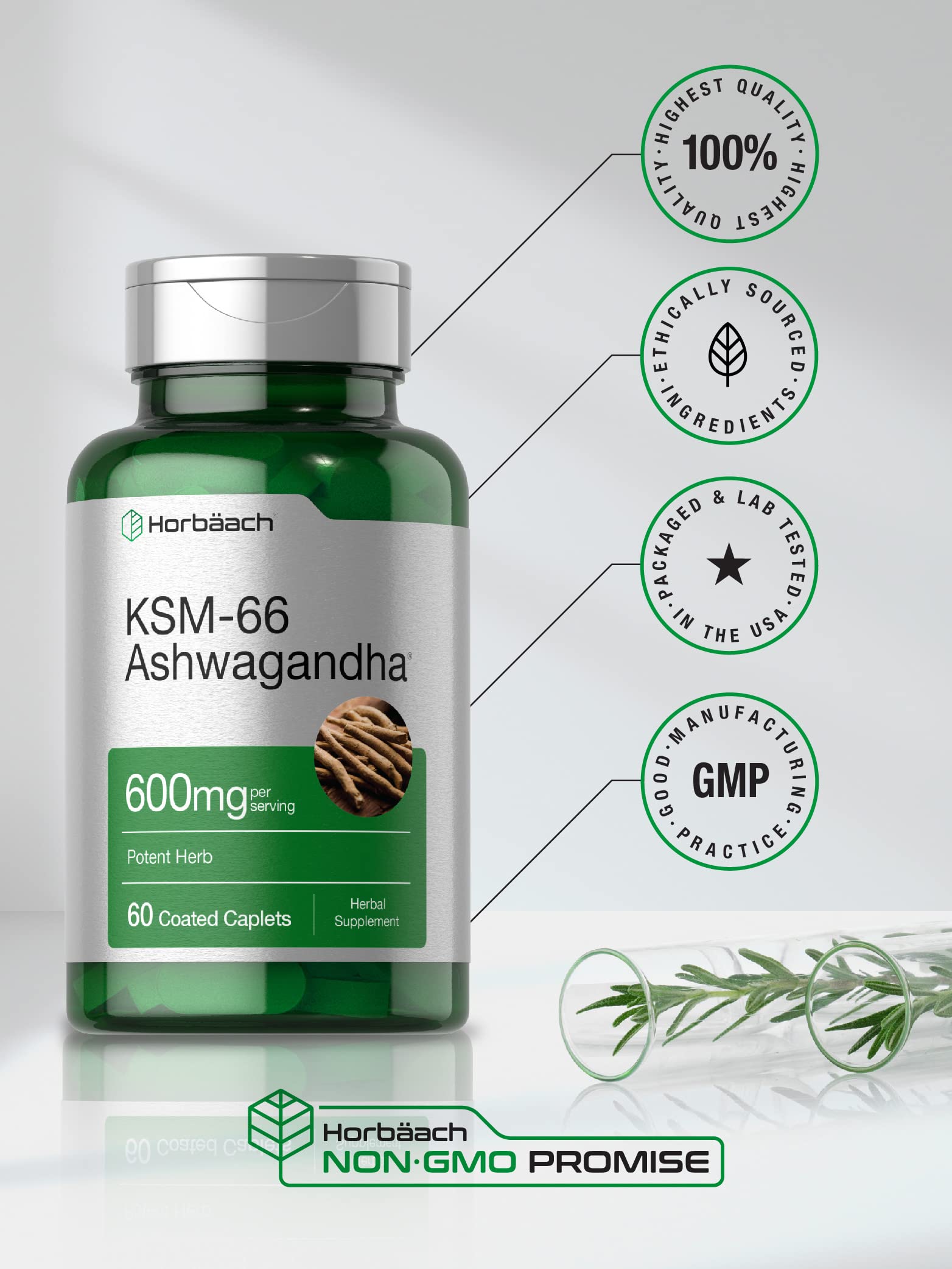 Horbäach KSM-66 Ashwagandha - ingrédients et contrôles en laboratoire visibles.