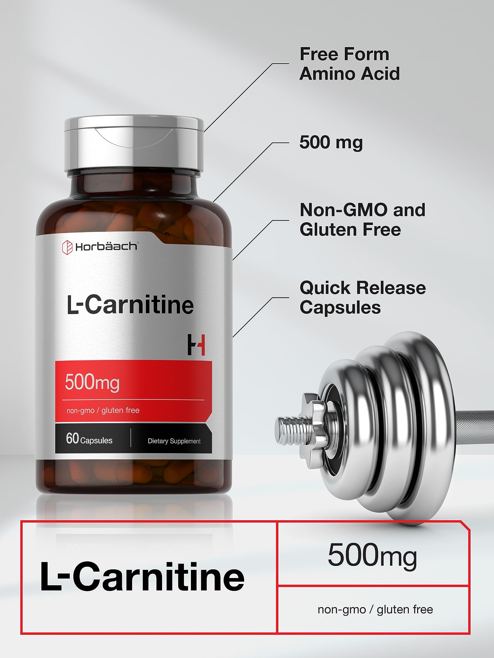 Horbaach L-Carnitine étiquette et ingrédients clairs pour la transparence.