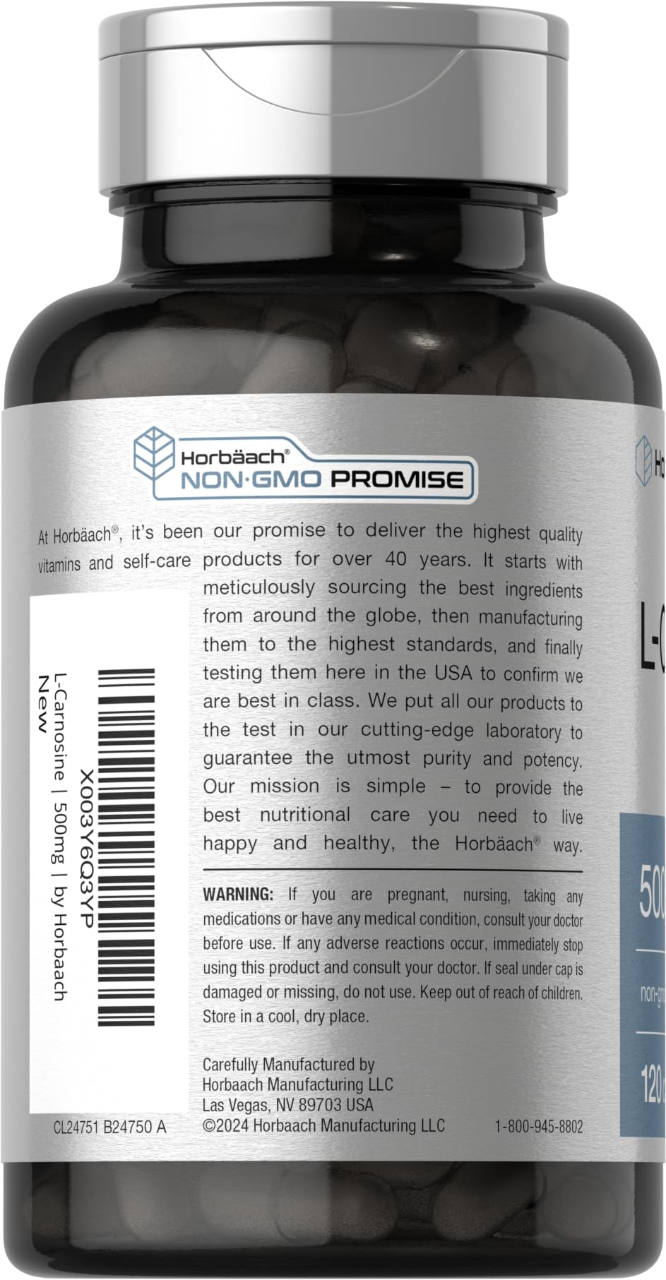 Étiquette nutritionnelle Horbaach L-Carnosine, montre les ingrédients et valeurs sans allergènes.