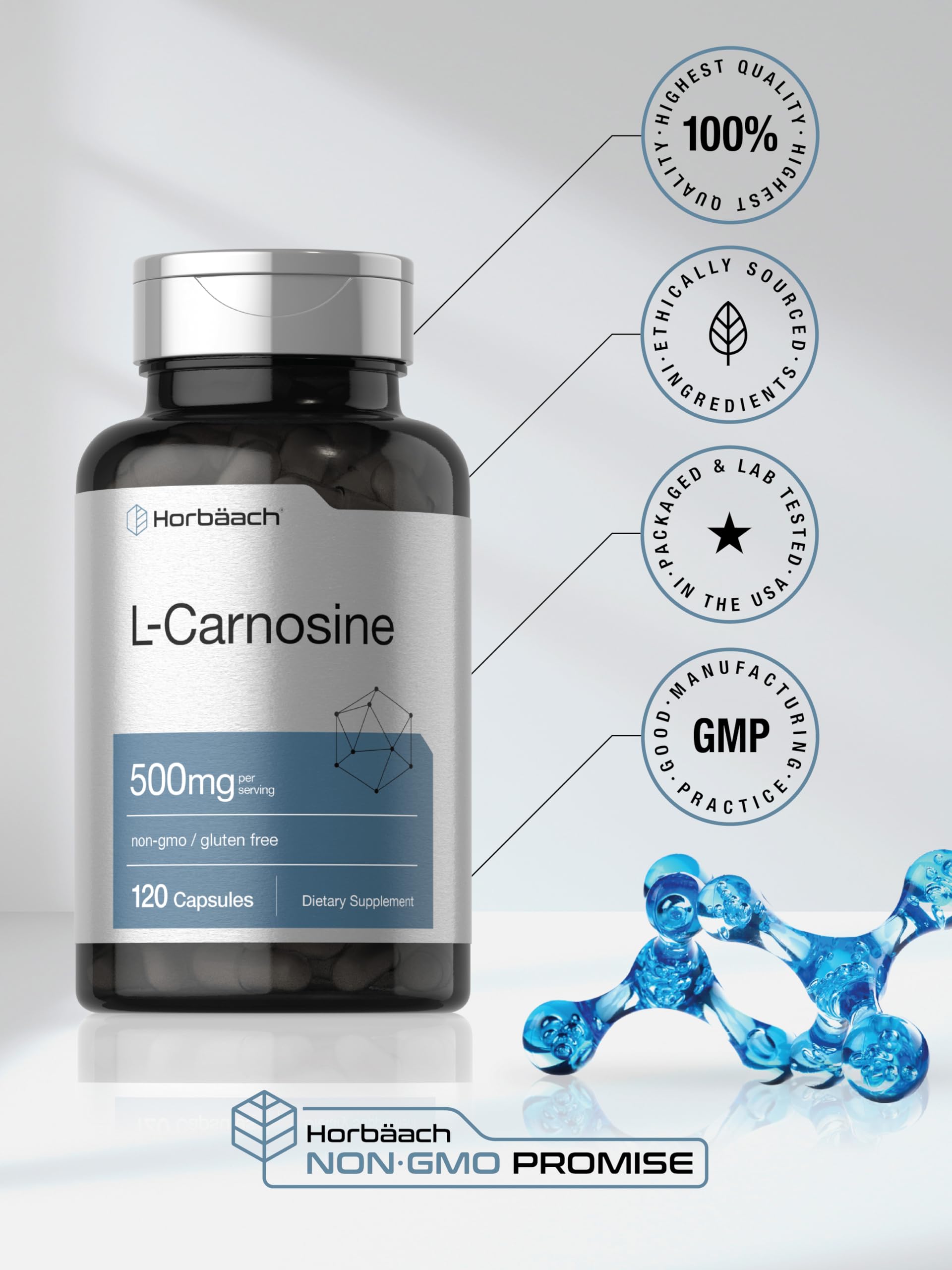 Sans gluten et sans OGM Horbaach L-Carnosine, adapté à divers régimes.
