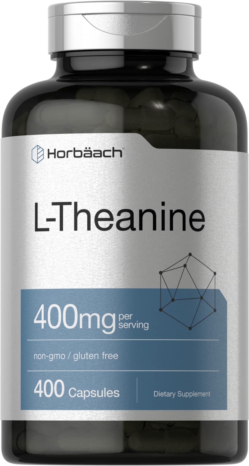 Horbäach L-théanine 400 mg capsules visibles en flacon, soutien calme et concentration.