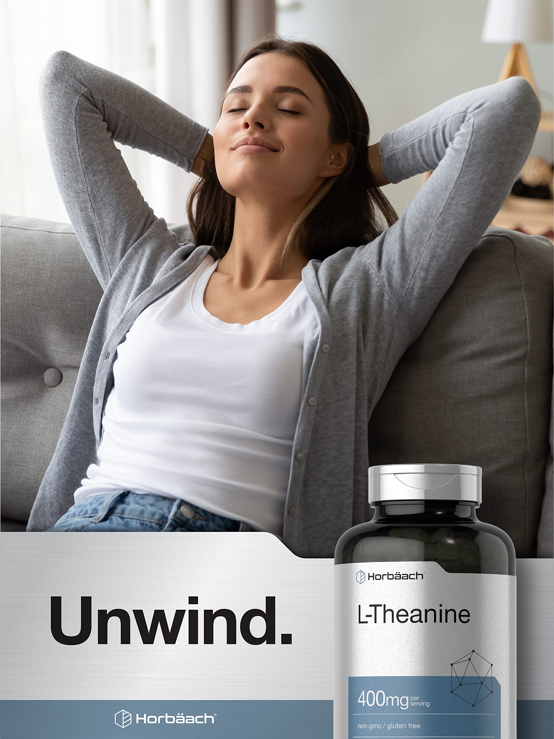 Capsules Horbäach L-théanine 400 mg, sans allergènes.