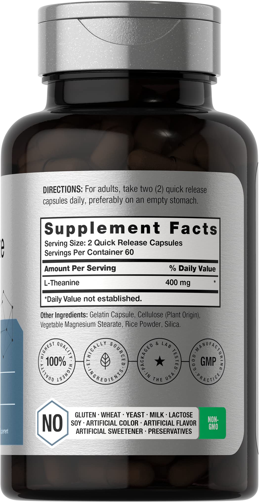 Horbaach L-Theanine 400 mg, étiquette claire facilitant le suivi de la posologie quotidienne.