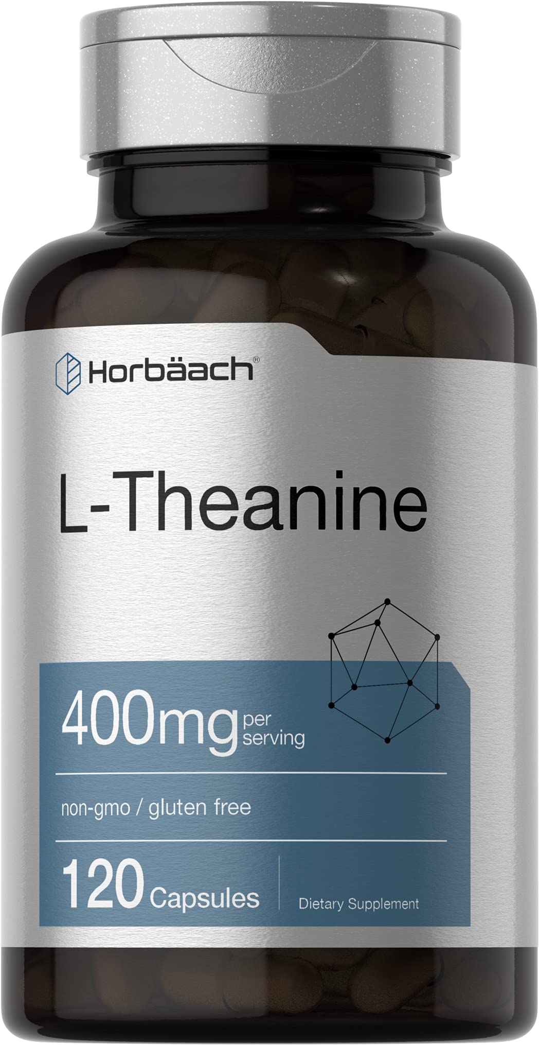 Horbaach L-Theanine 400 mg, flacon de gélules prêt à l’emploi pour une détente potentielle.