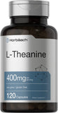 Horbaach L-Theanine 400 mg, flacon de gélules prêt à l’emploi pour une détente potentielle.