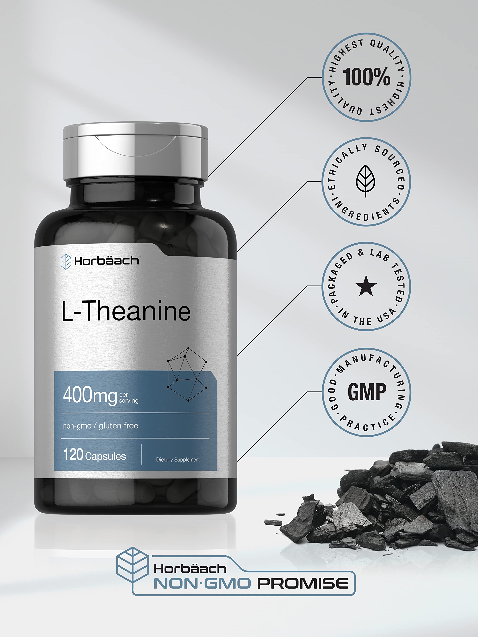 Horbaach L-Theanine 400 mg, gélules sans gluten et sans OGM pour une alimentation inclusive.