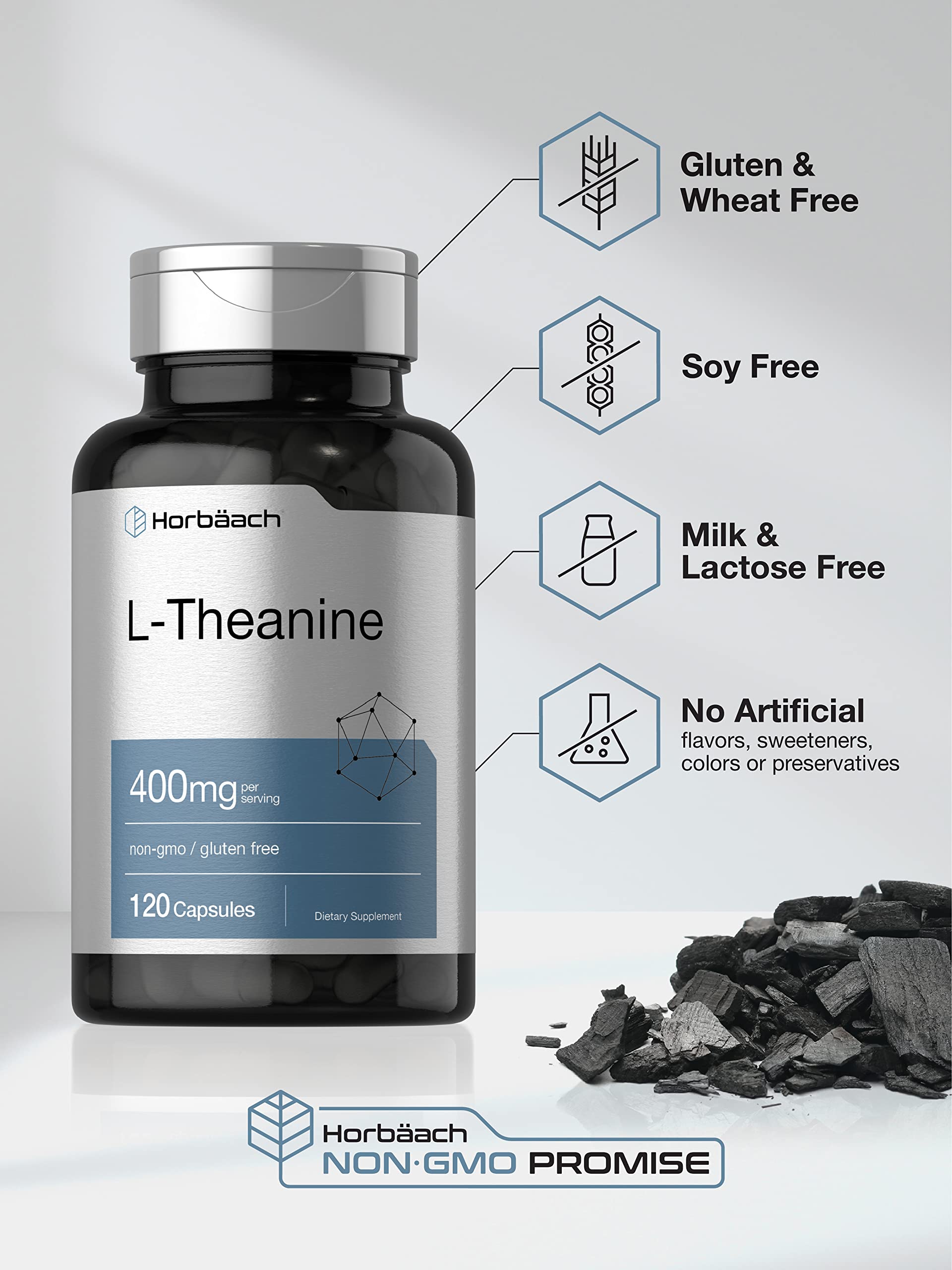 Horbaach L-Theanine 400 mg, présentation non-OGM et sans gluten pour plus de choix.