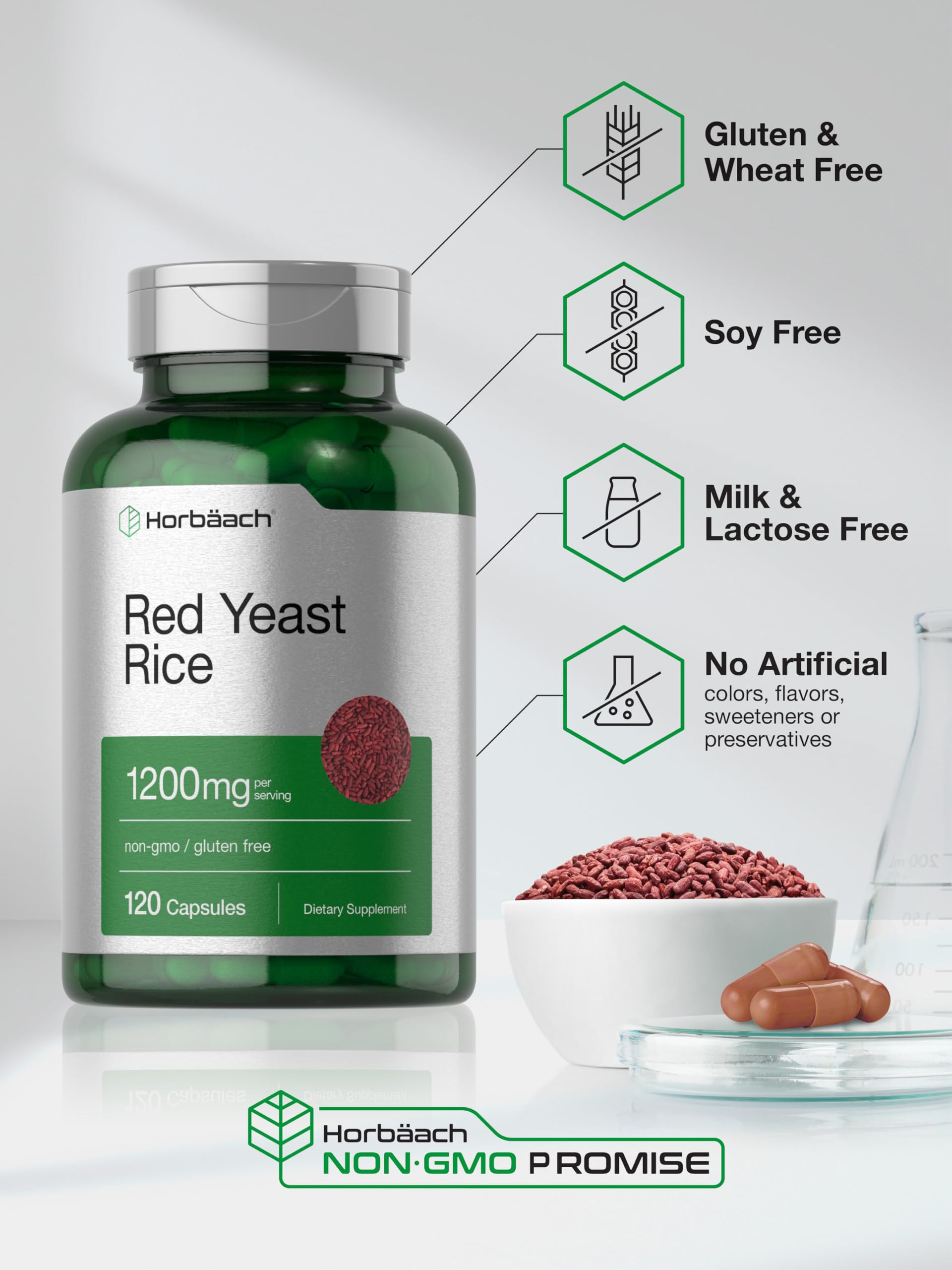 Horbaach levure rouge riz 1200 mg – sans gluten et sans allergènes courants.
