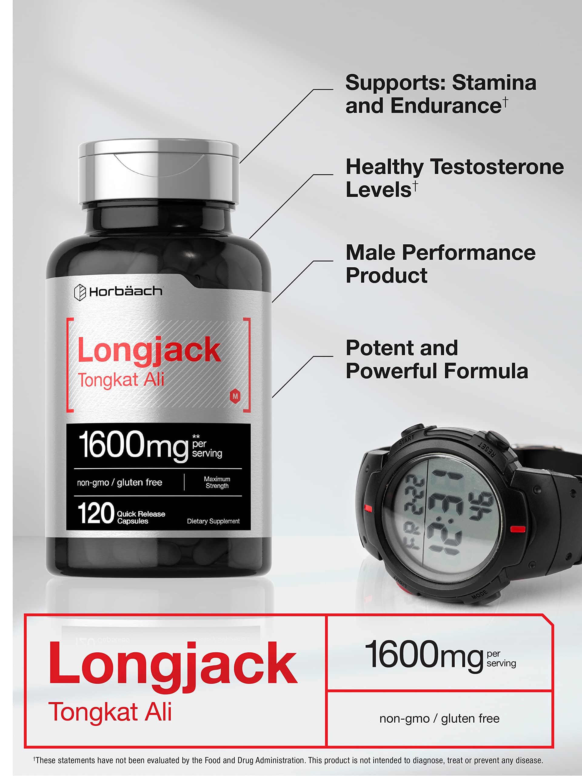 Horbäach Longjack Tongkat Ali: emballage clair garantissant pureté et traçabilité.