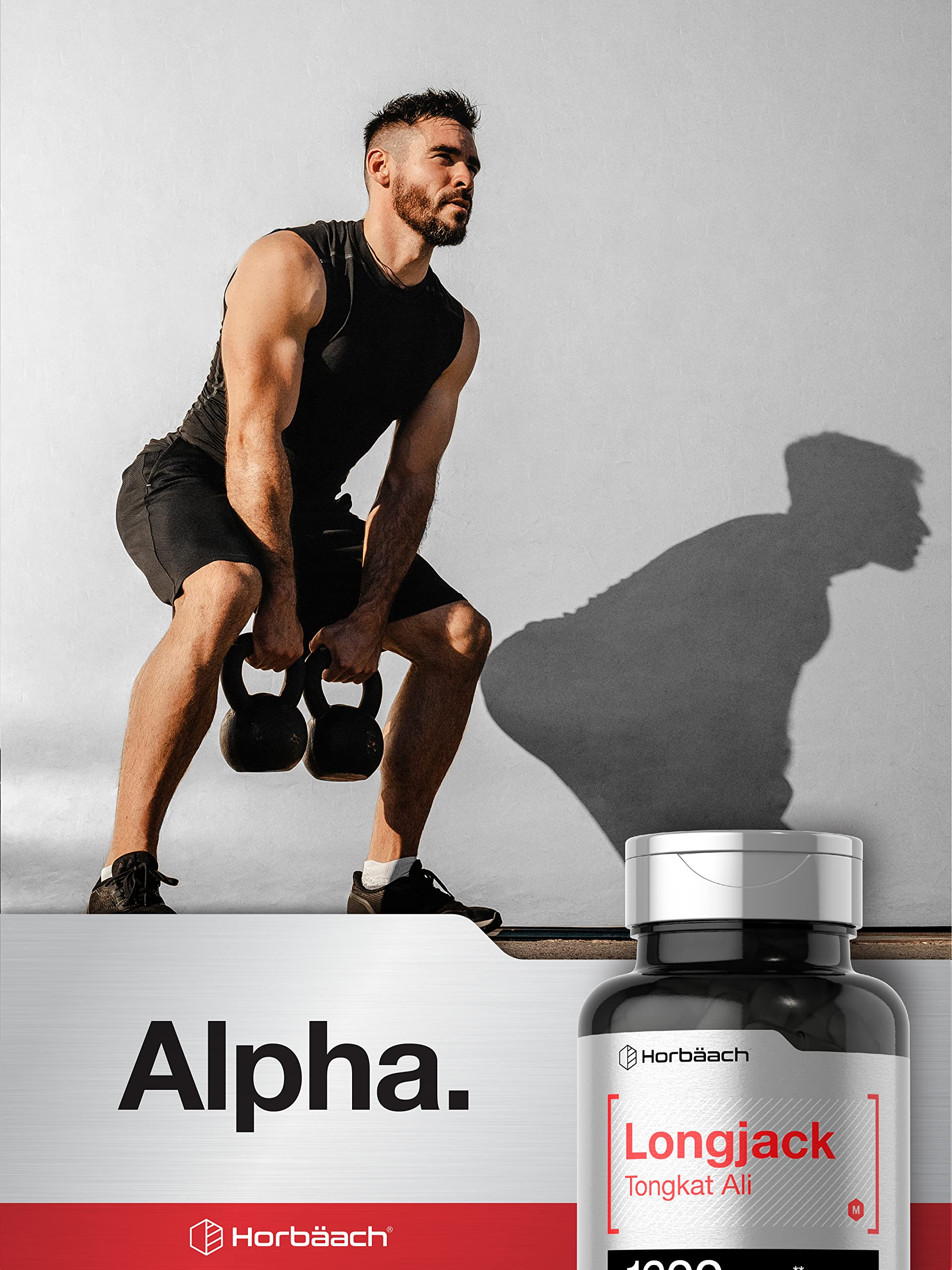 Horbäach Longjack Tongkat Ali: étiquette indiquant non-GMO pour consommation responsable.