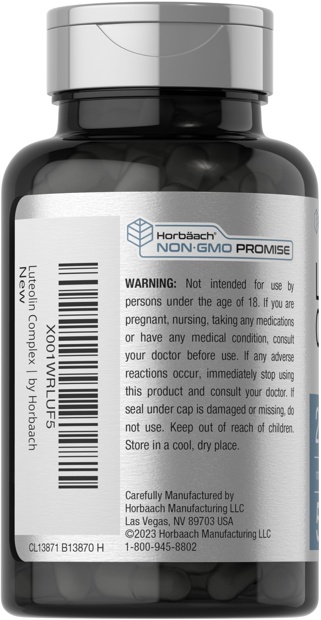 Horbaach Luteolin Complex, etiquette: fiche claire des ingrédients et dosage.