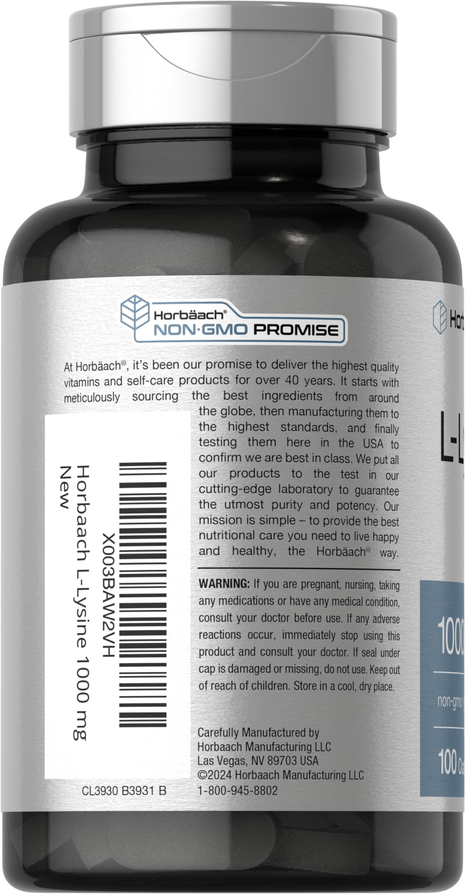 Étiquette Horbäach L-Lysine indiquant les caractéristiques sans allergènes.