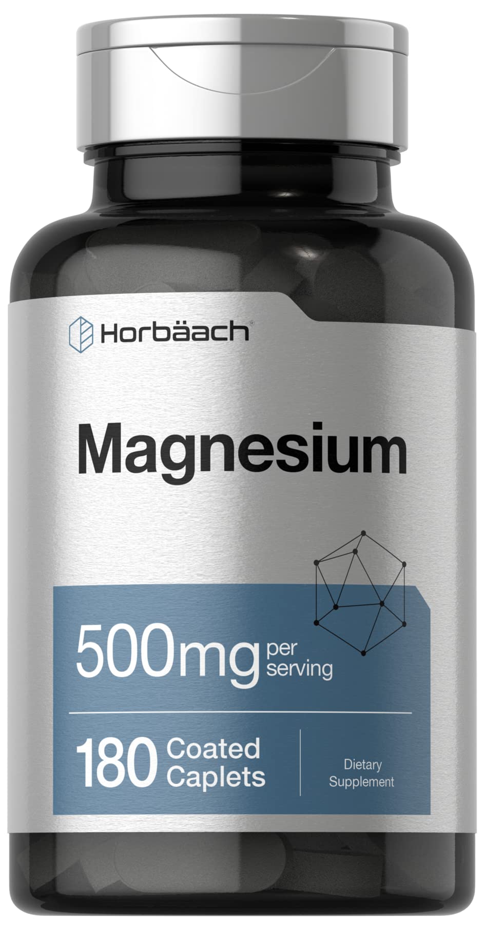 Horbaach Magnésium 500 mg comprimés enrobés dans une bouteille, soutien quotidien potentiel.