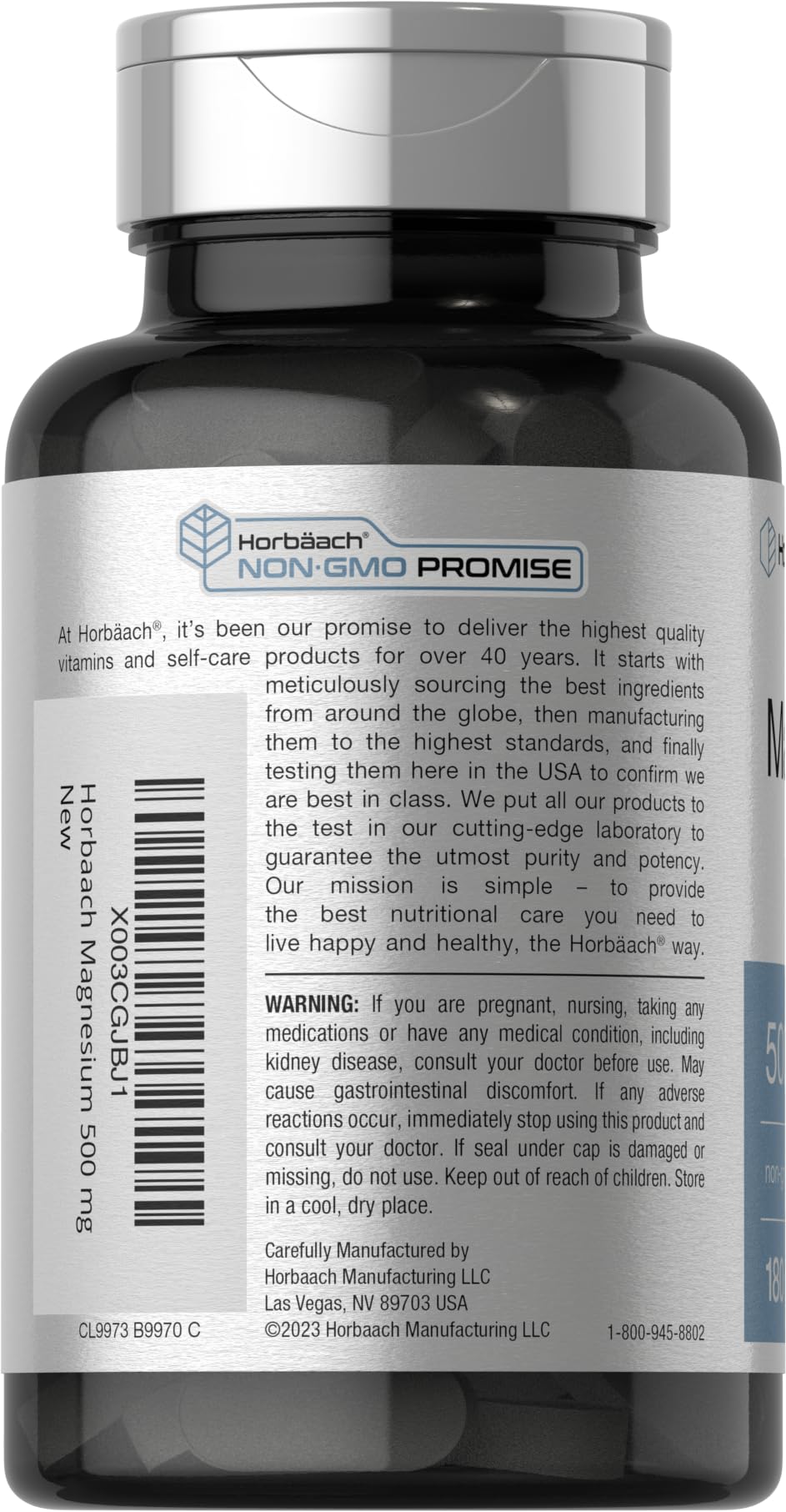 Horbaach Magnésium 500 mg comprimés enrobés végétariens, formulation adaptée au régime végétarien.