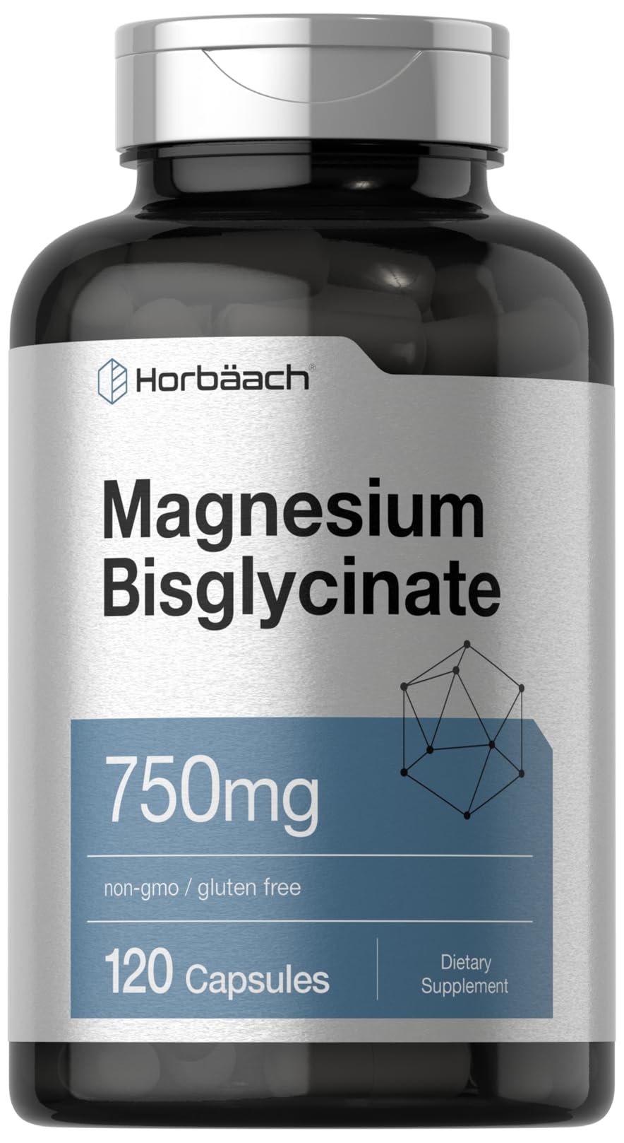 Horbaach Magnésium Bisglycinate – bouteille et étiquette, apport quotidien pratique.