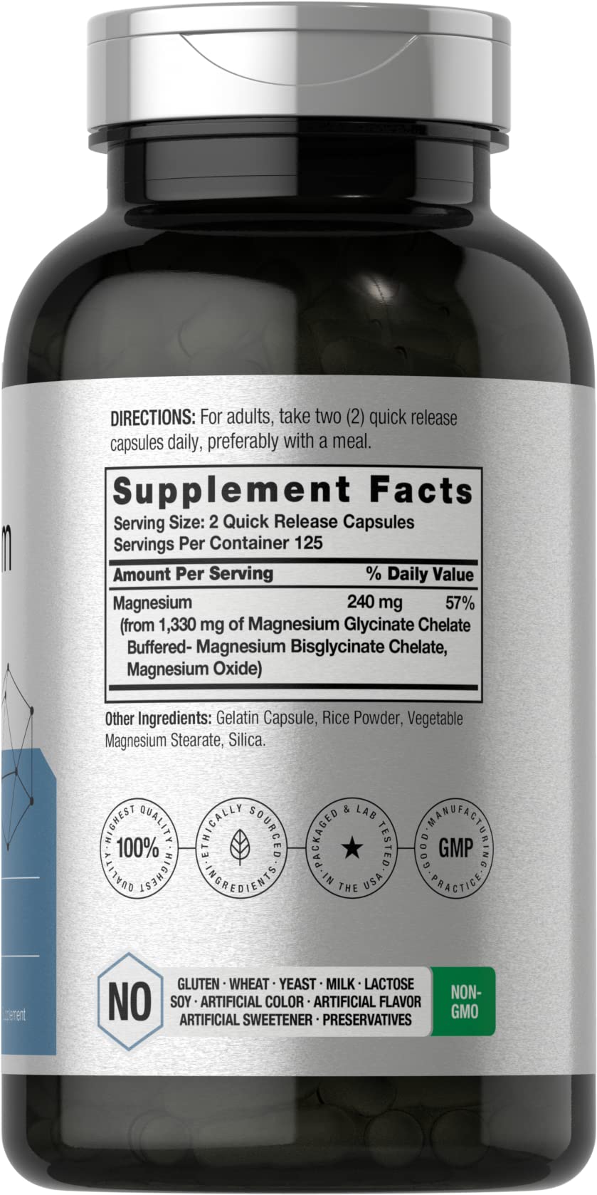 Étiquette Horbaach Magnésium Glycinate, montre une formule chélatée de haute qualité.