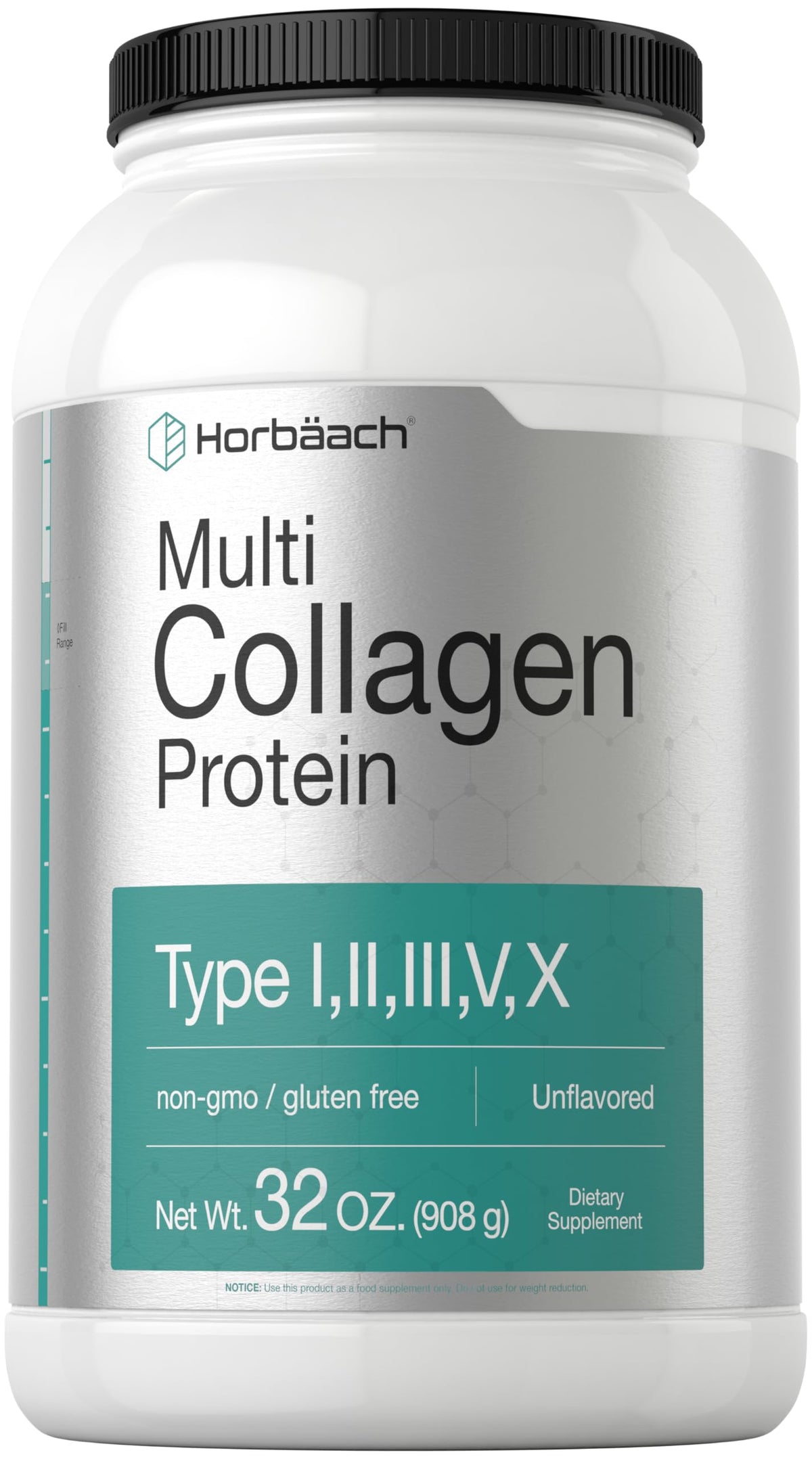Horbaach Multi Collagen poudre dans la bouteille 32 oz, profil I–X.