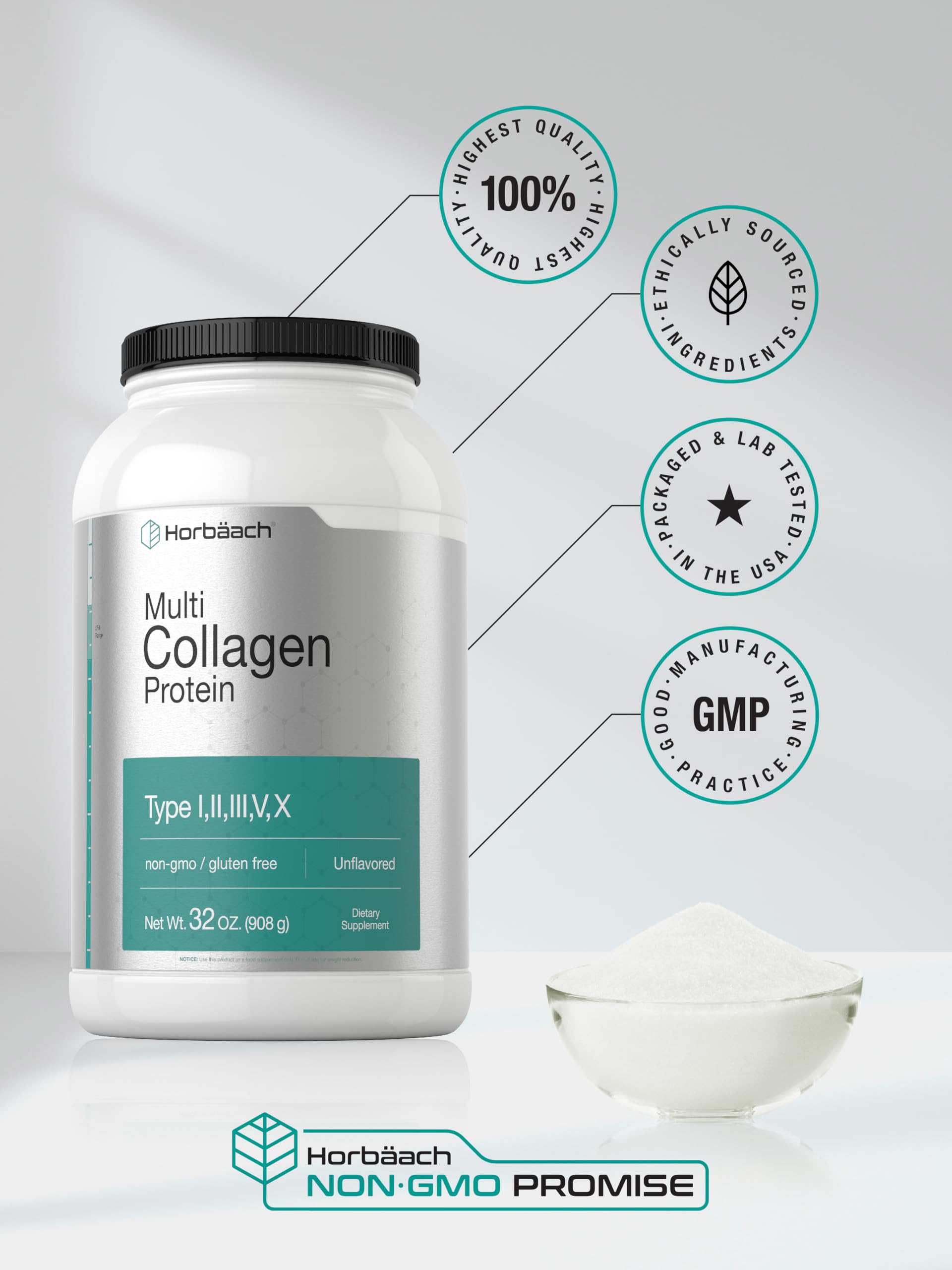 Texture de poudre fine Horbaach Collagen pour smoothies ou café.