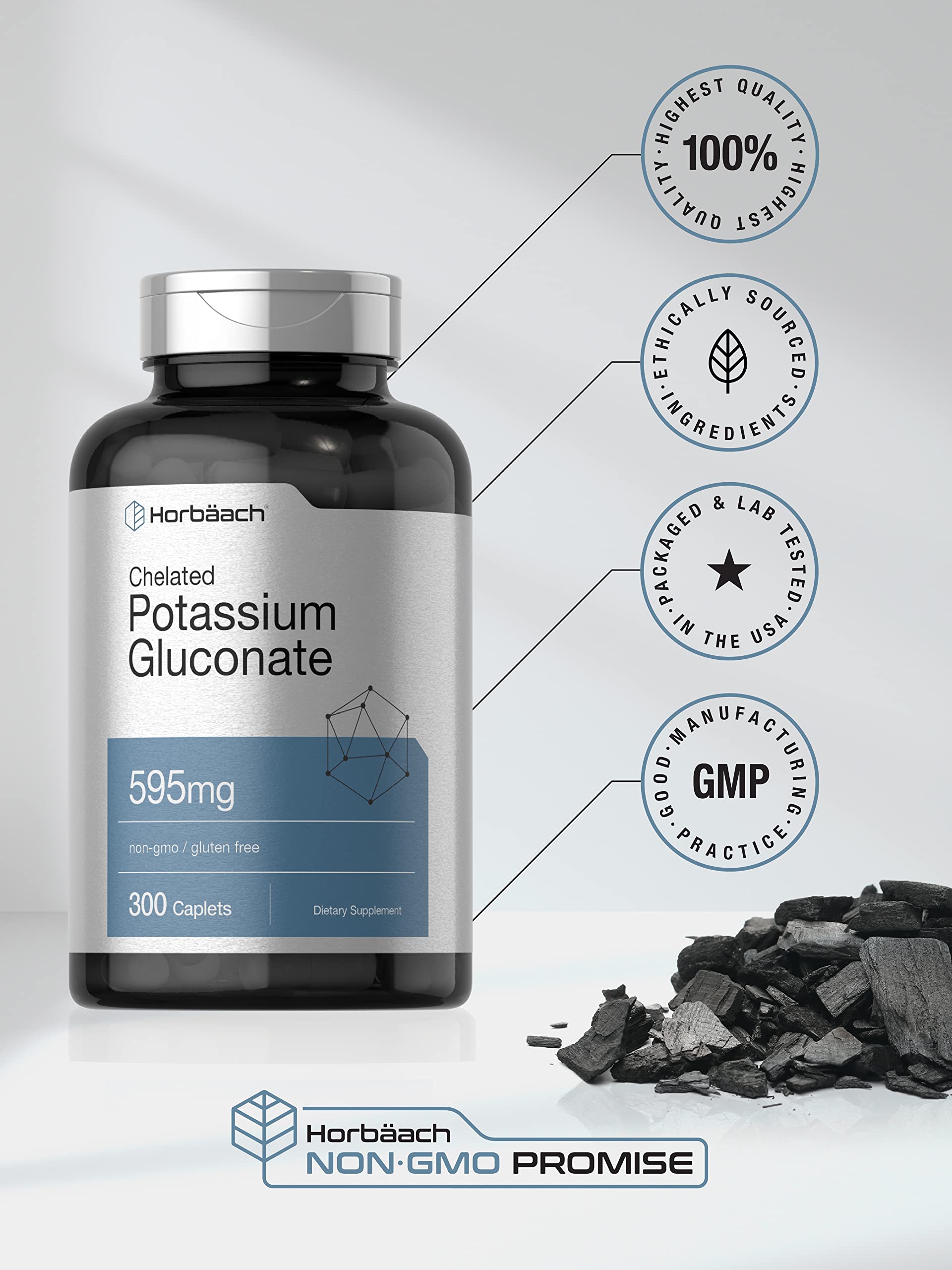 Caplets Horbaach Potassium Gluconate près du bouchon, prise facile.