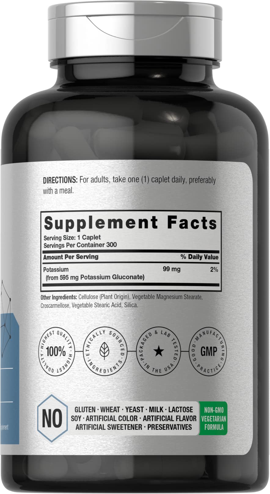 Horbaach Potassium Gluconate caplets en gros plan, dosage clair de 595 mg.