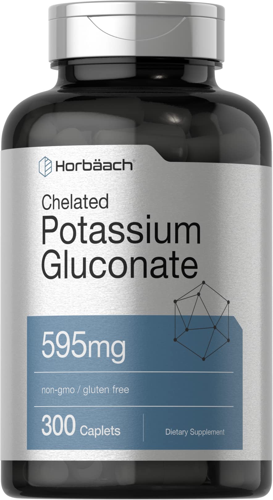 Horbaach Potassium Gluconate caplets en bouteille, formulation végétarienne pratique.