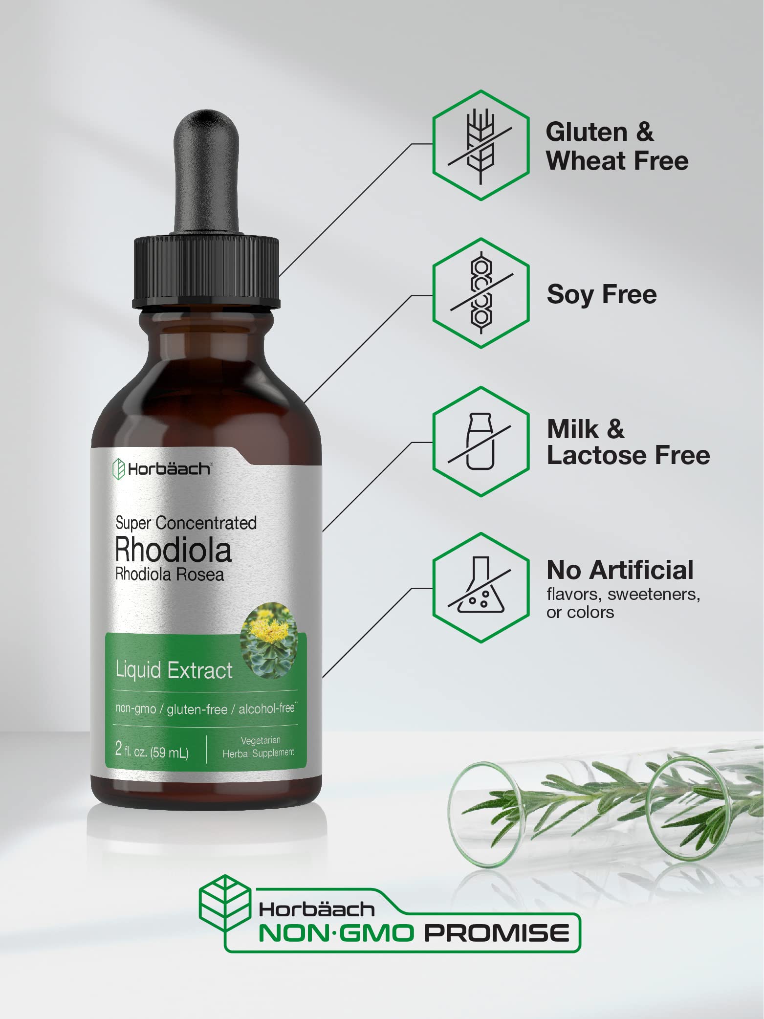 Horbaach Rhodiola Rosea Extrait Liquide, formule végétarienne sans gluten et sans OGM.