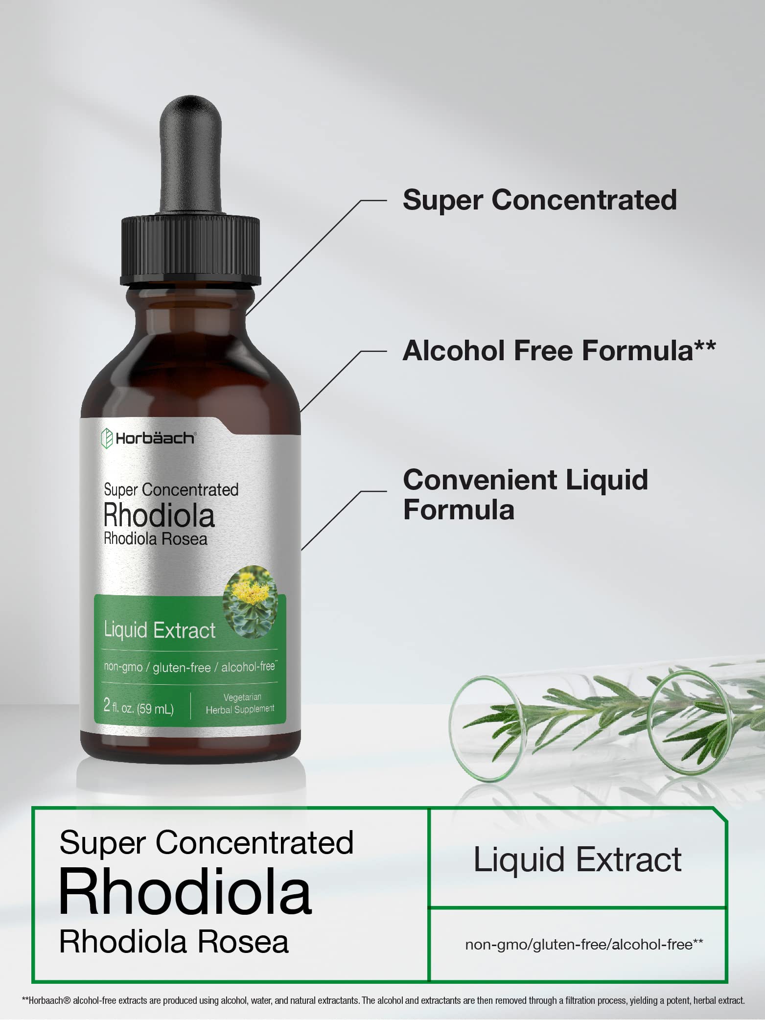 Horbaach Rhodiola Rosea Extrait, pipette pratique pour dosage précis.