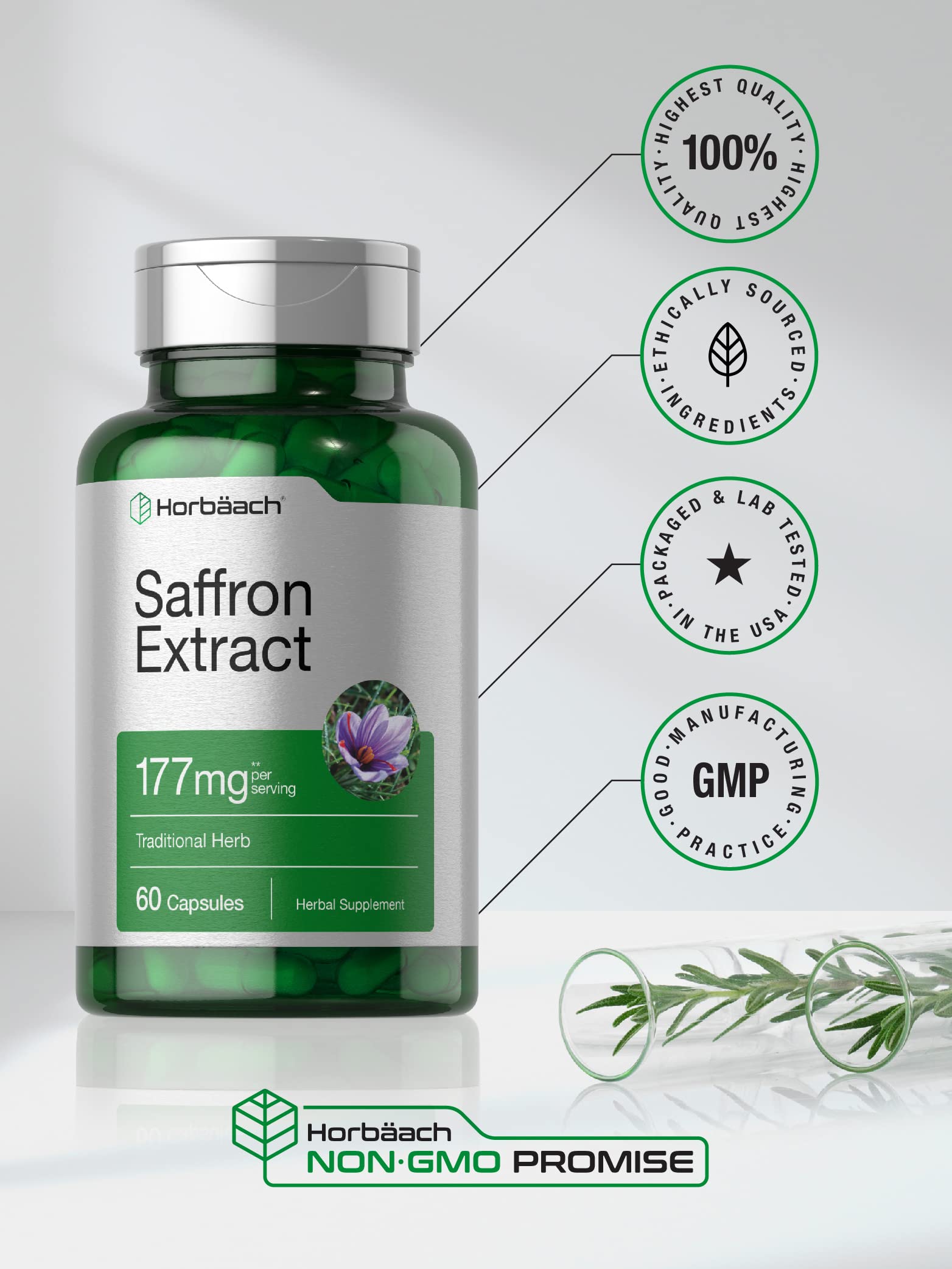 Boîte Horbaach Safran Extrait avec 60 gélules pour routine quotidienne.