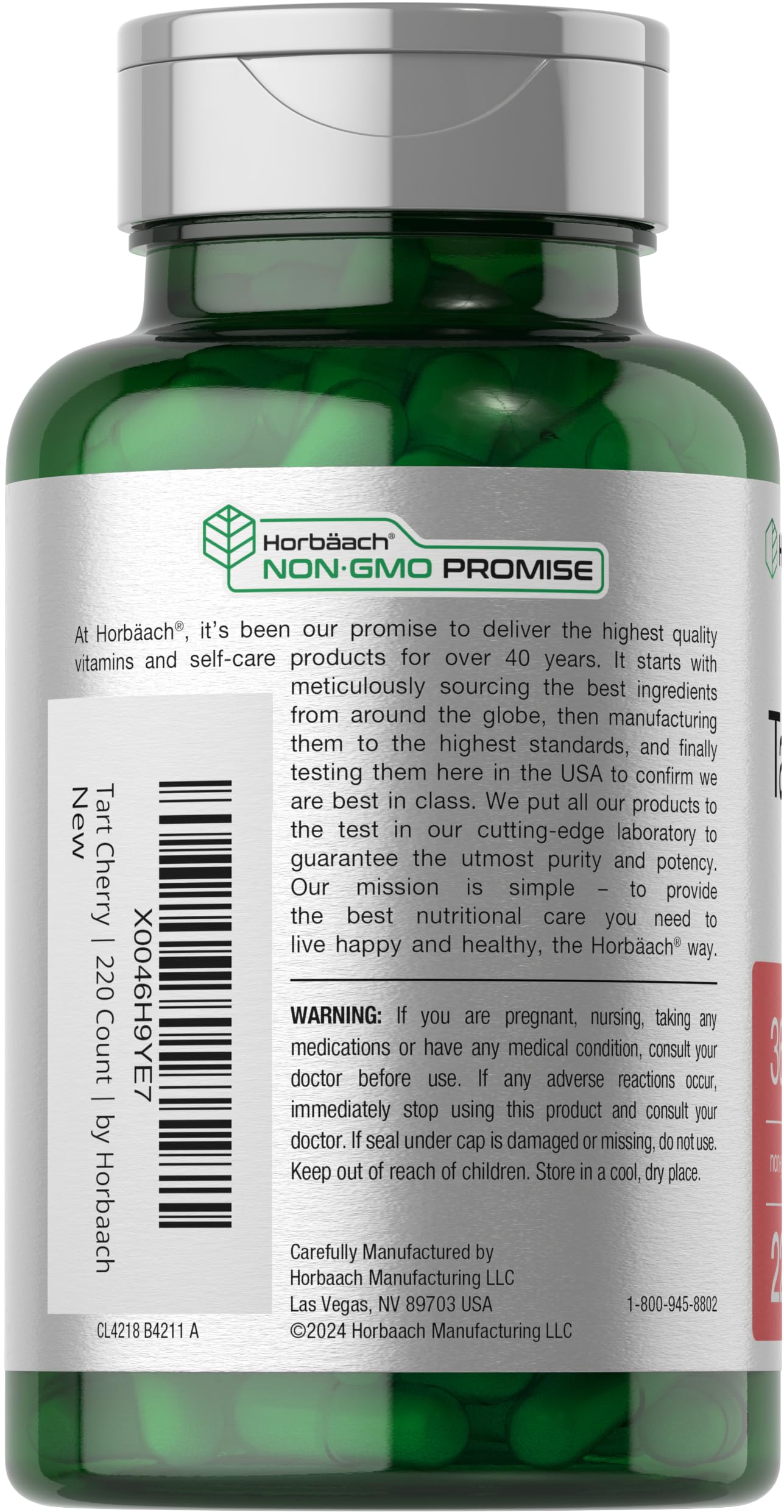 Horbaach Tart Cherry Extract, étiquette claire sans gluten et sans OGM.