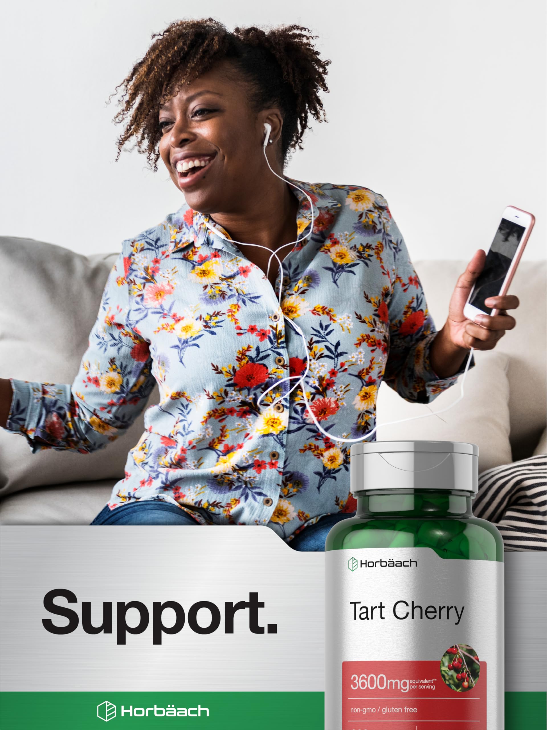 Horbaach Tart Cherry Extract, emballage sans OGM et sans gluten affiché.