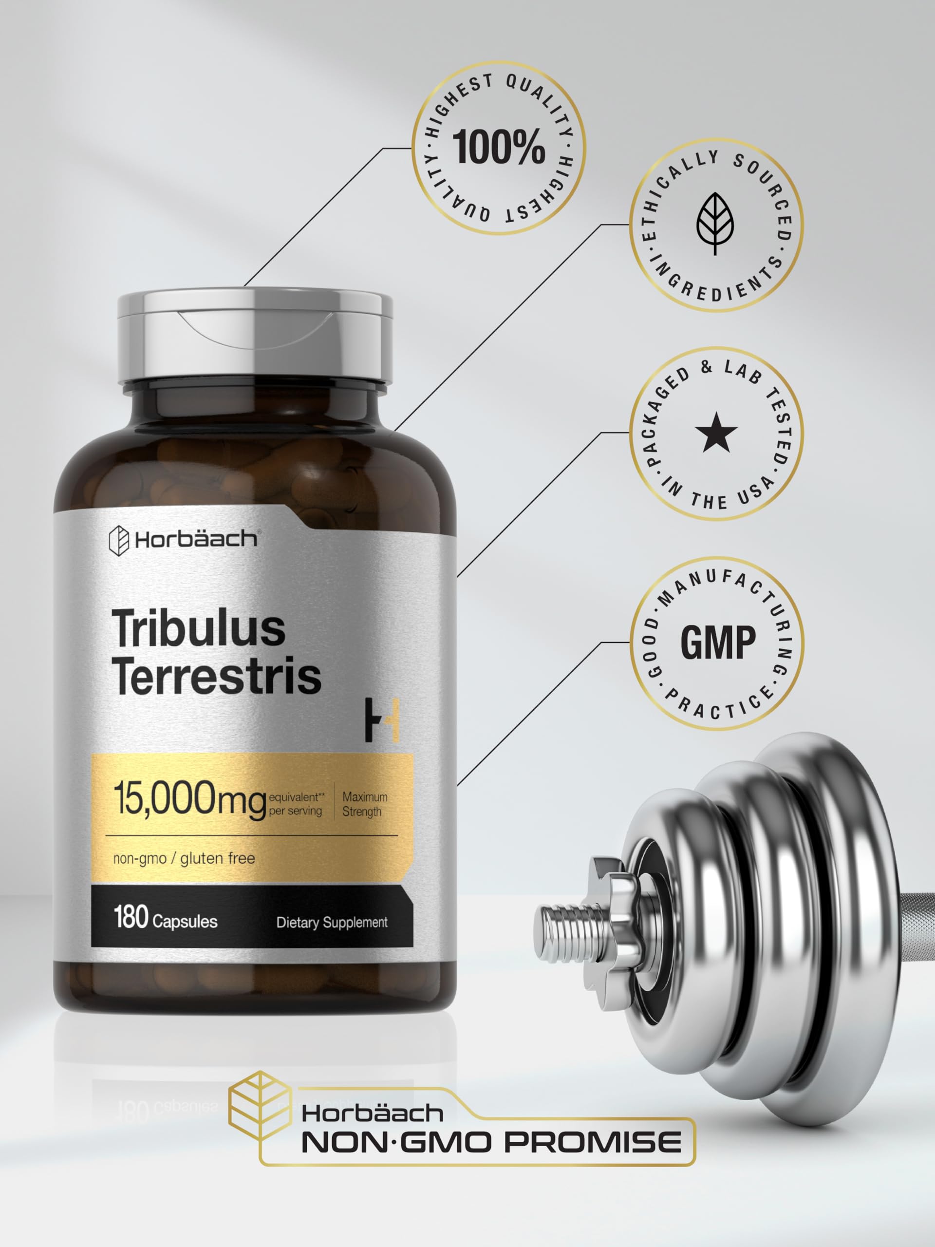 Emballage Horbäach Tribulus Terrestris sans gluten pour choix diététiques.