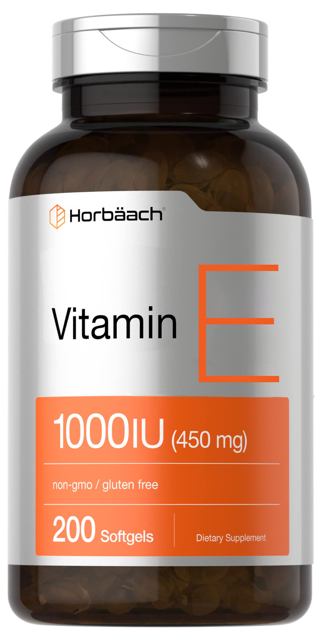 Horbäach Vitamine E 1000 UI: bouteille et gélules faciles à prendre.