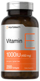 Horbäach Vitamine E 1000 UI: bouteille et gélules faciles à prendre.