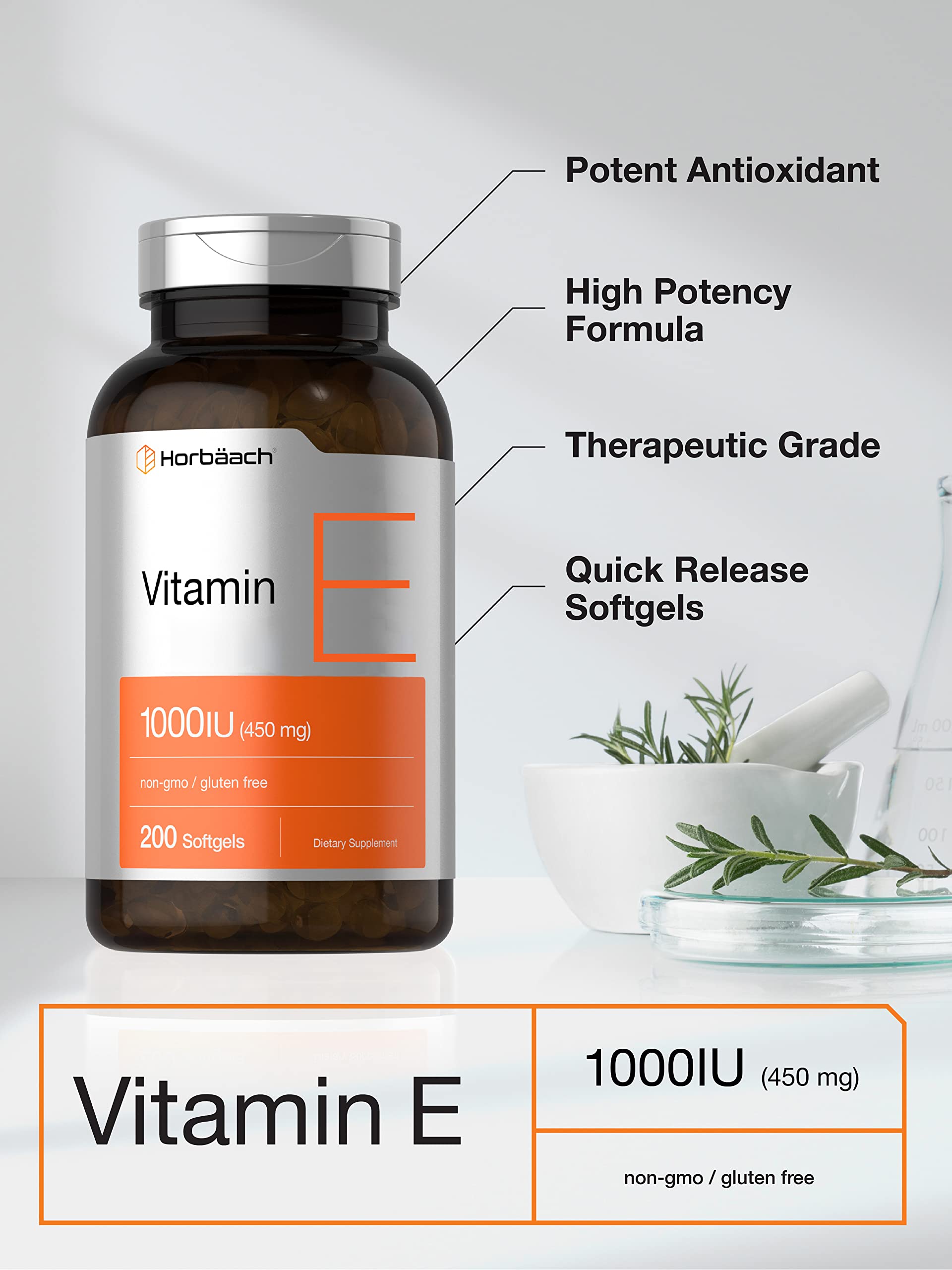 Étiquette Horbäach Vitamine E 1000 UI avec informations claires.
