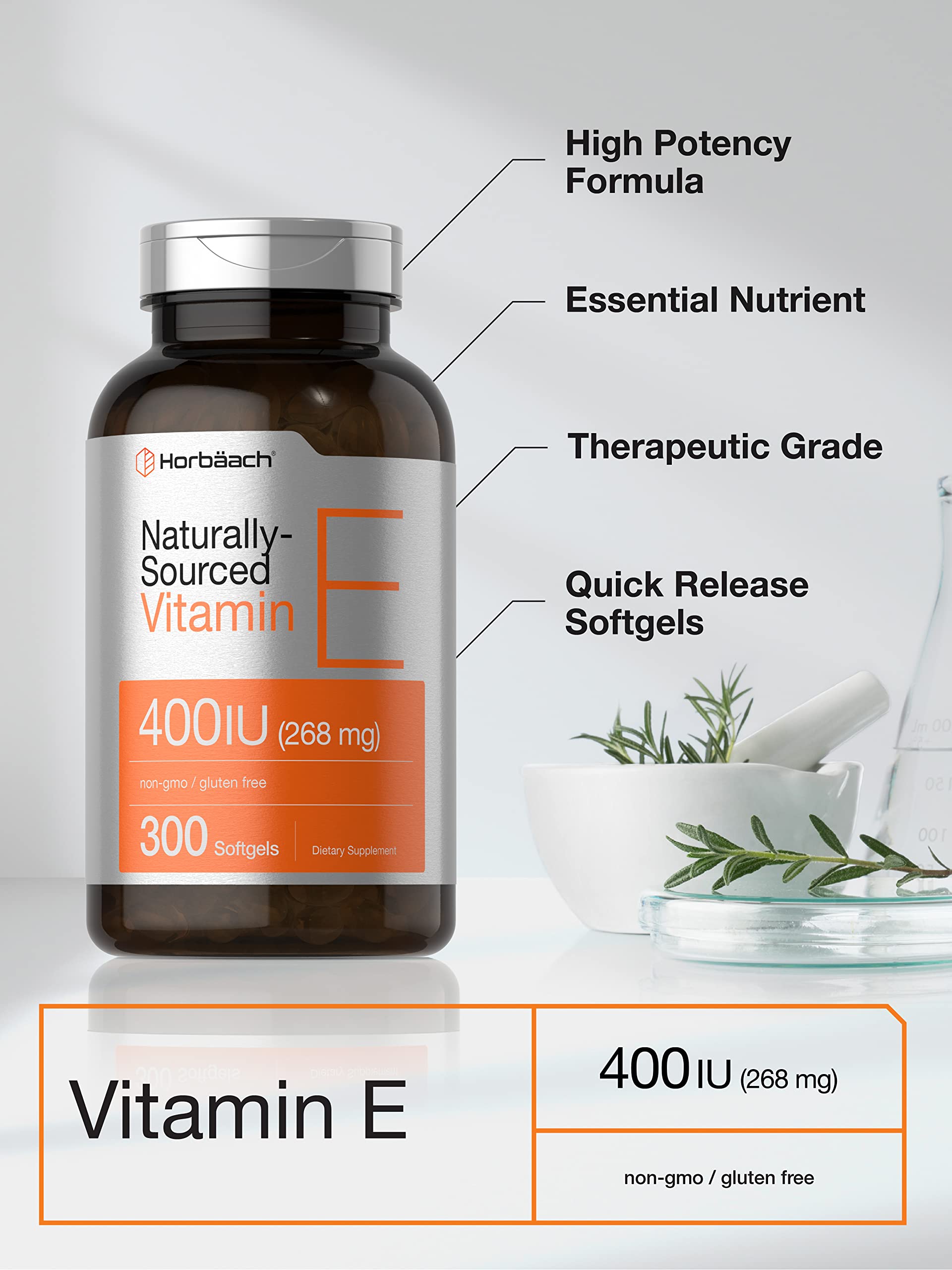 Étiquette Horbaach Vitamine E, formulation naturelle et sans gluten.
