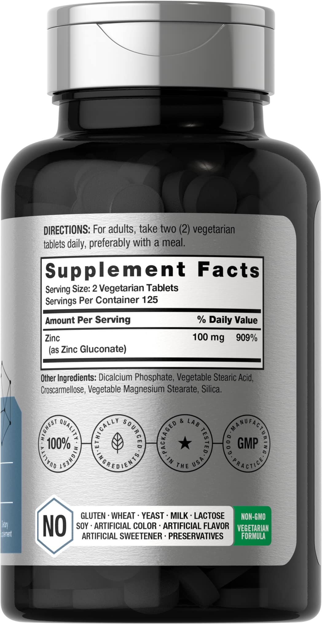 Horbaach Zinc chelaté 100 mg - etiquette du flacon, sans OGM et sans gluten
