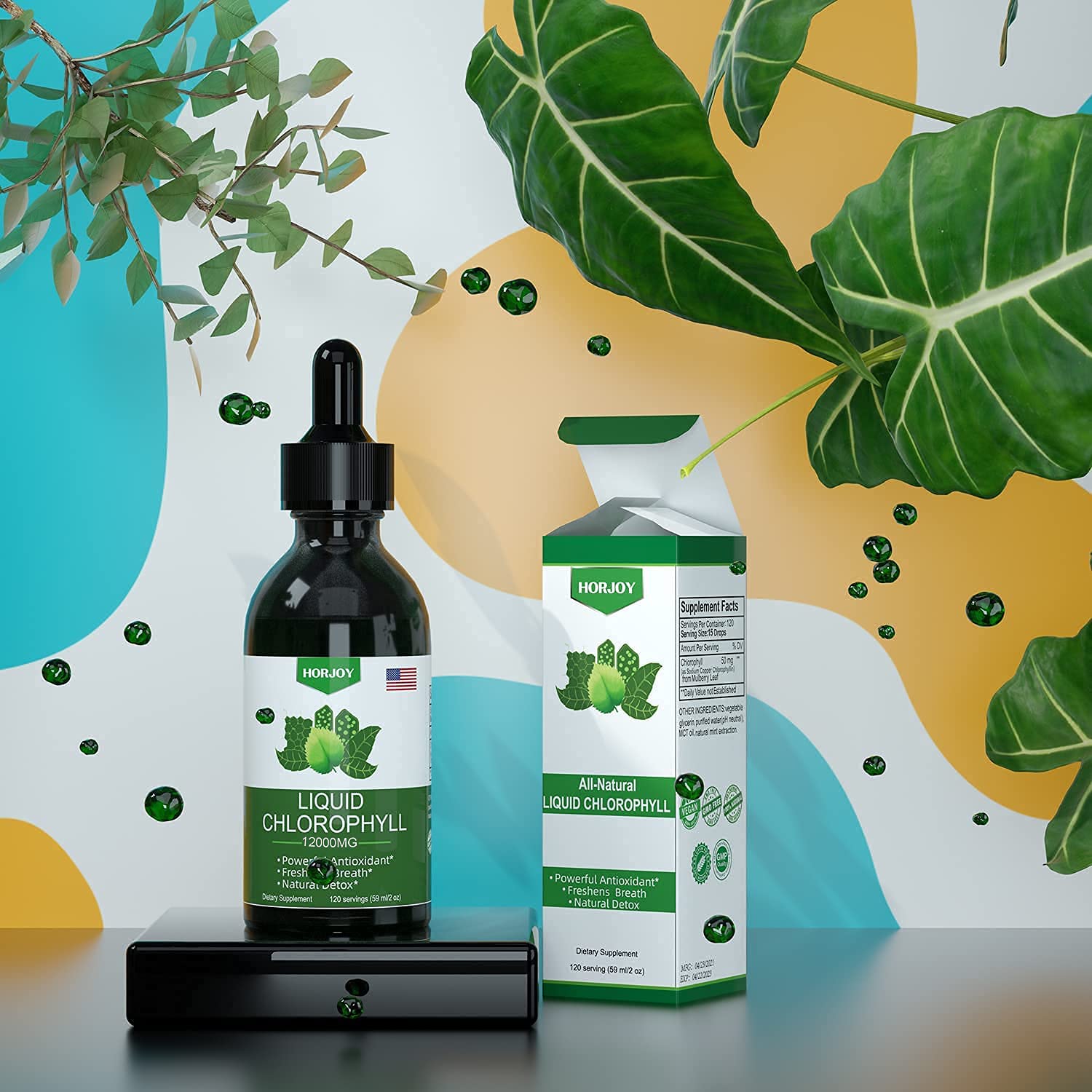 Étiquette Horjoy Chlorophylle Liquide, produit végan et sans OGM.
