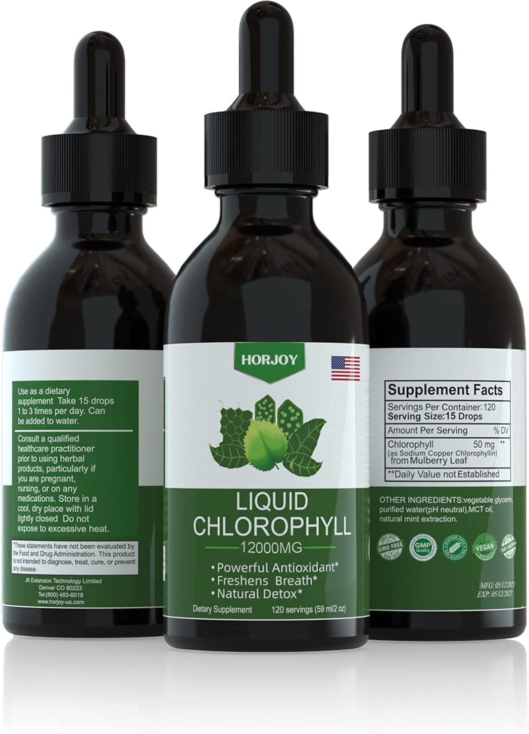 Gouttes Horjoy Chlorophylle Menthe prêtes à être ajoutées à l’eau pour un rafraîchissement sain.