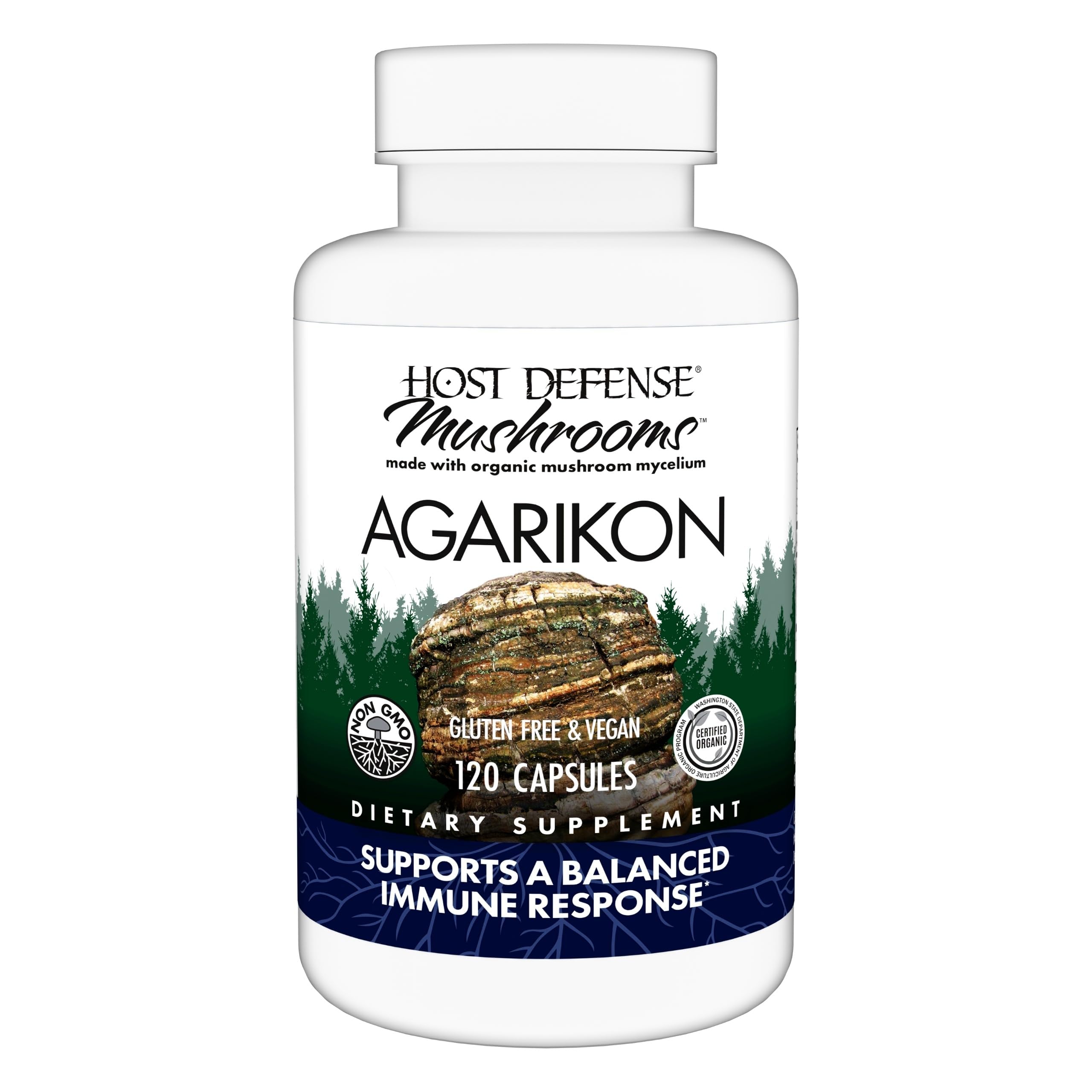 Host Defense Agarikon capsules – bouteille et bouchon, soutien immunitaire potentiel au quotidien.