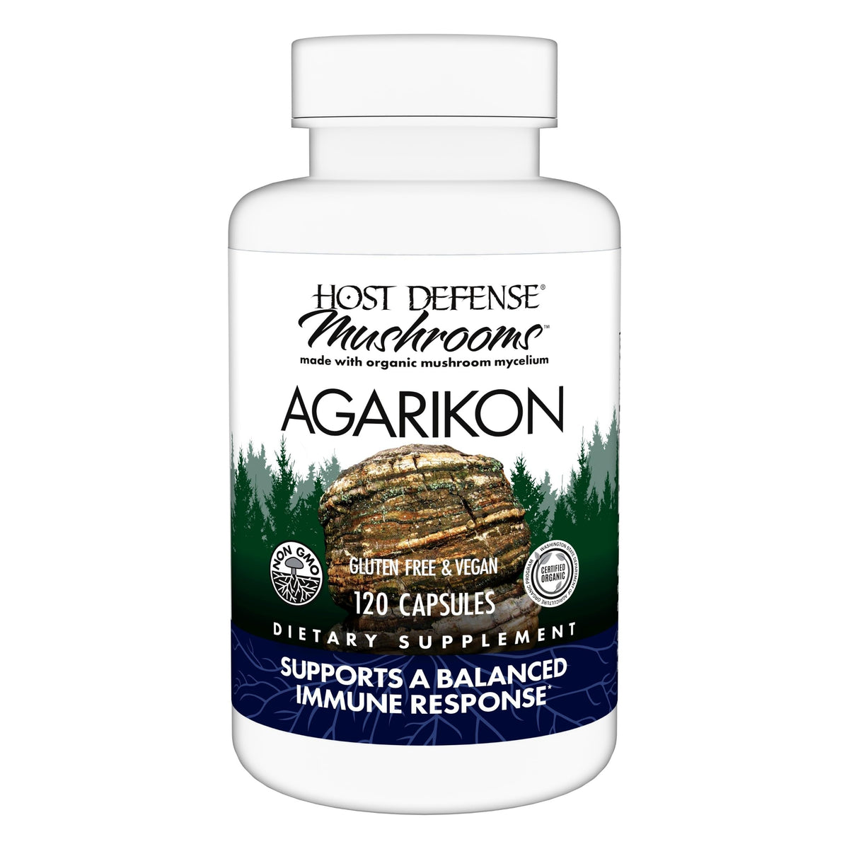 Host Defense Agarikon capsules – bouteille et bouchon, soutien immunitaire potentiel au quotidien.