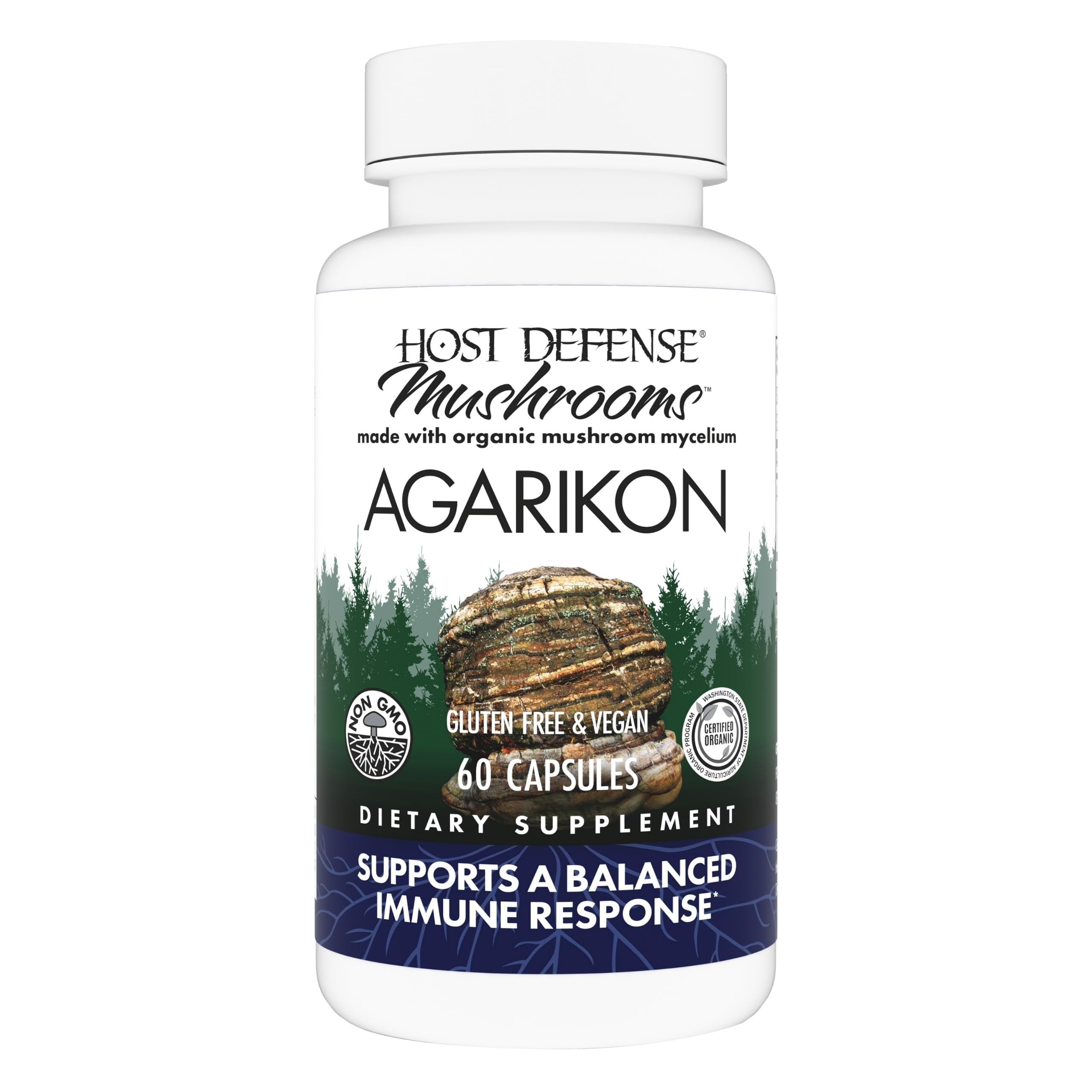 Capsules Host Defense Agarikon dans une bouteille, soutien potentiel du système immunitaire.