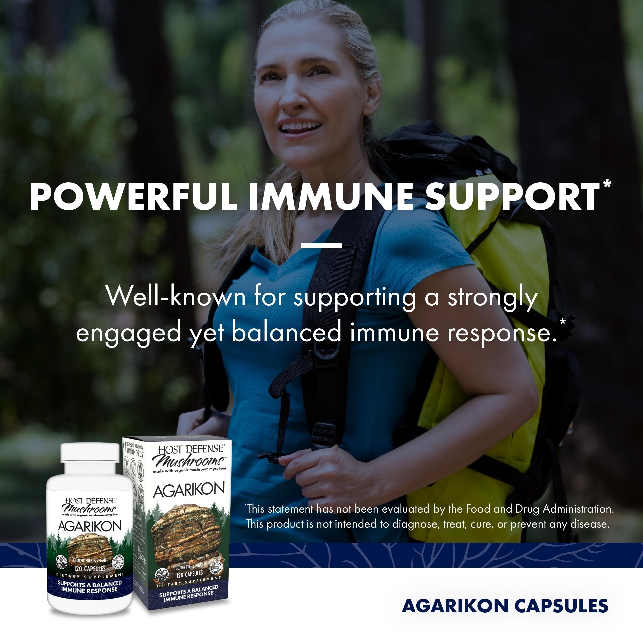 Host Defense Agarikon capsules – emballage clair et facilité d'intégration.