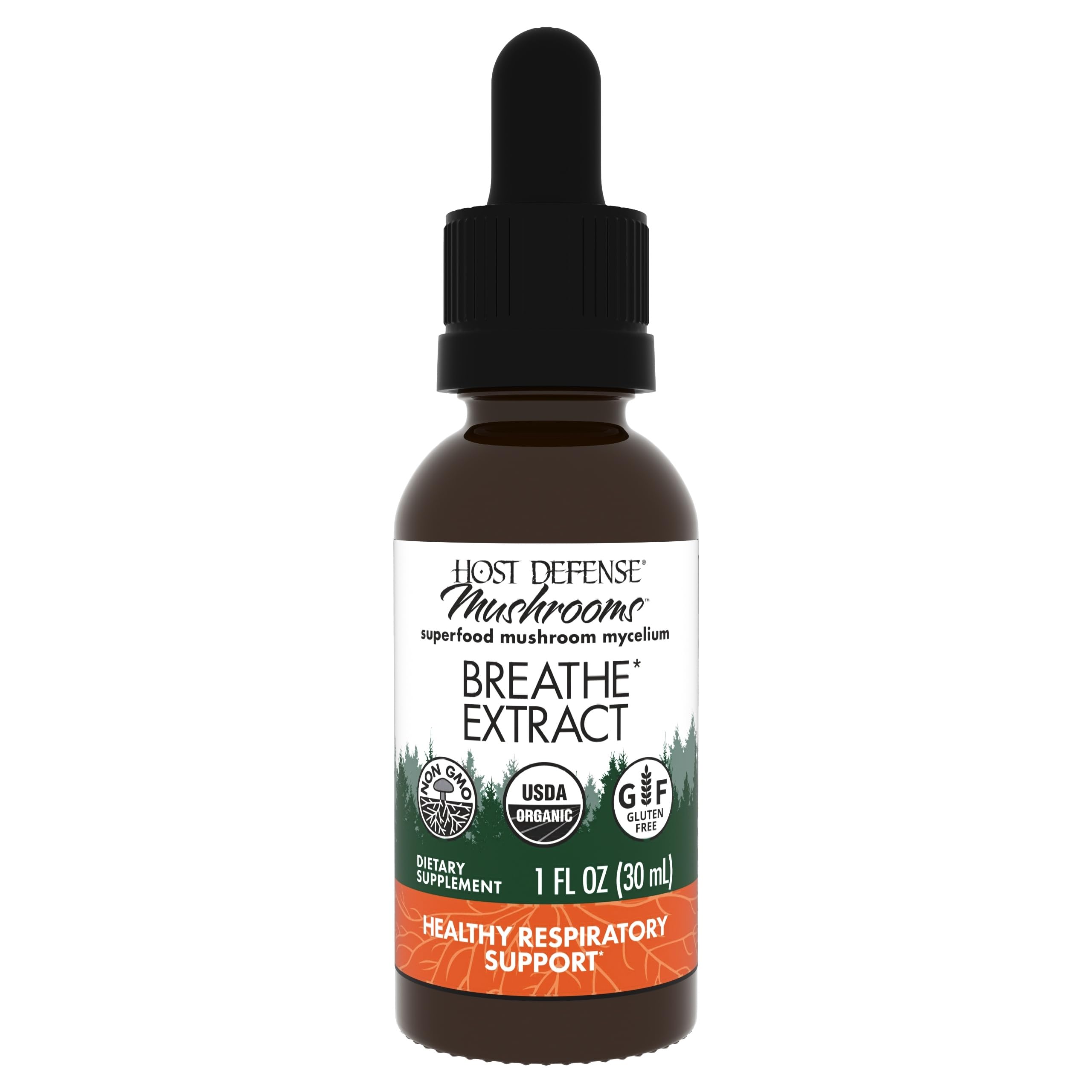 Host Defense Breathe flacon-gouttes prêt à l'emploi pour un soutien respiratoire potentiel.